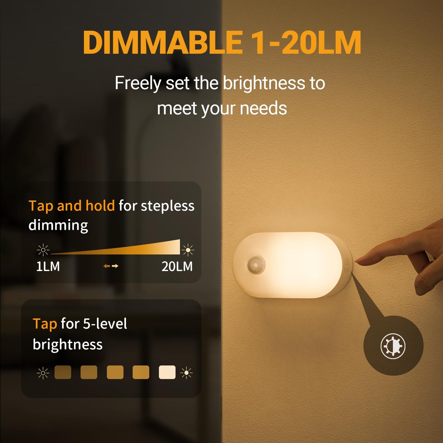 Lyridz - Luz nocturna recargable con sensor de movimiento, mini luz LED blanca cálida para clóset, brillo ajustable para baño, recámara, cocina, clóset, escaleras, pasillo, paquete de 2