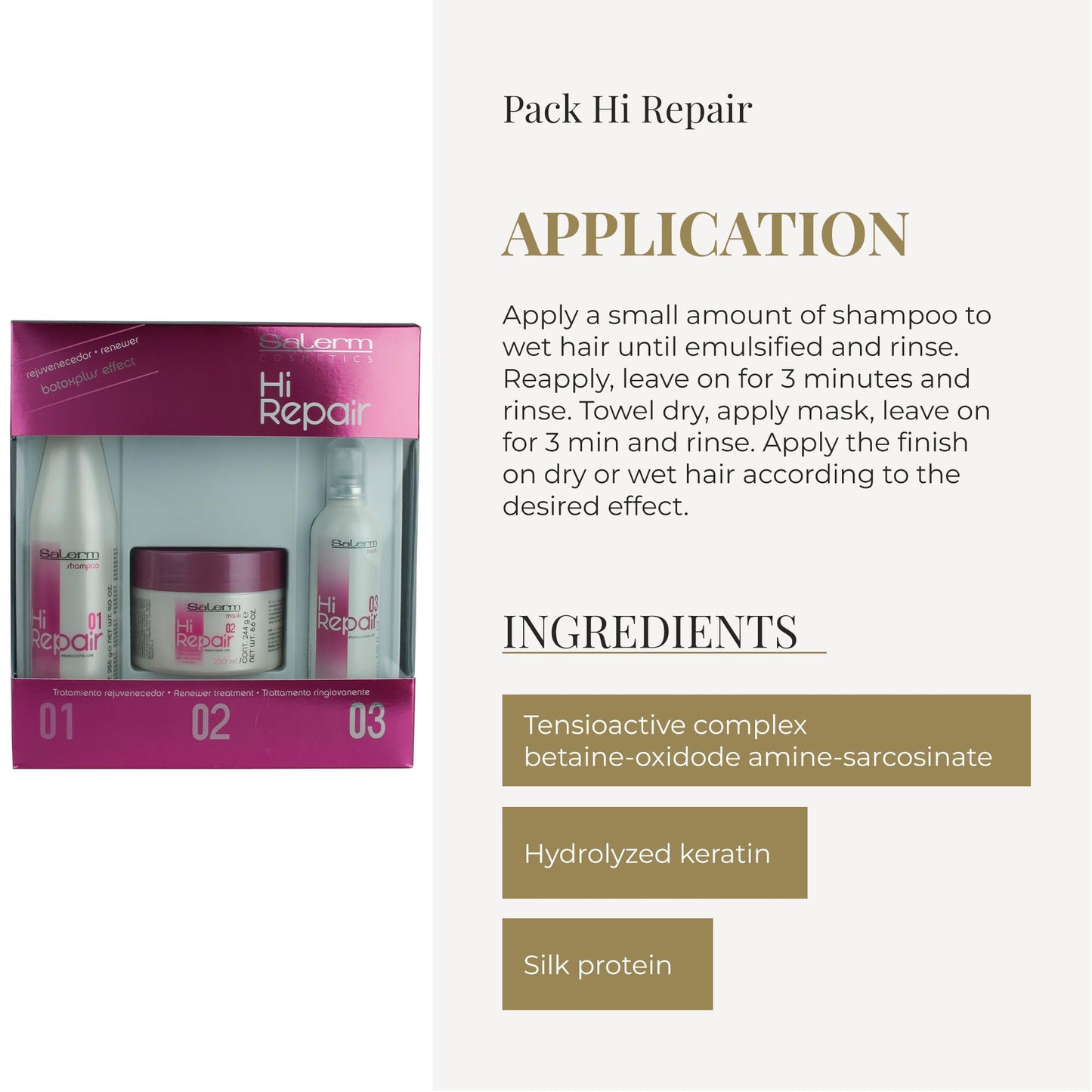 Kit de Reparación de Cabello Salerm Cosmetics Hi en Blanco con Shampoo, Mascarilla y Acabado