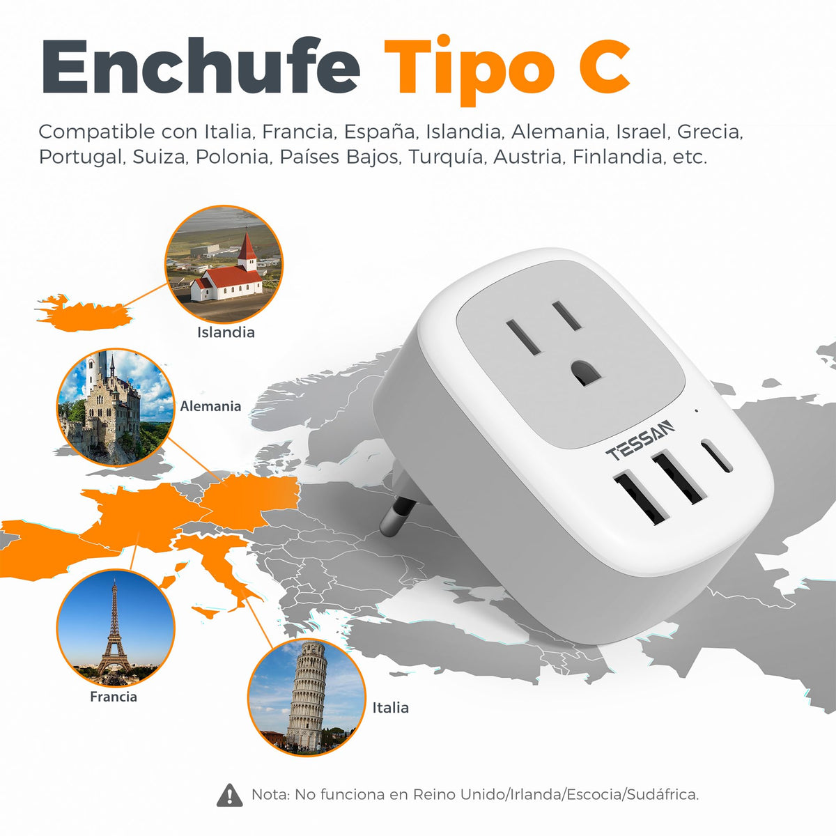 Adaptador Europeo TESSAN Blanco 15W Cargador Tipo C Carga Rápida 2 Unidades