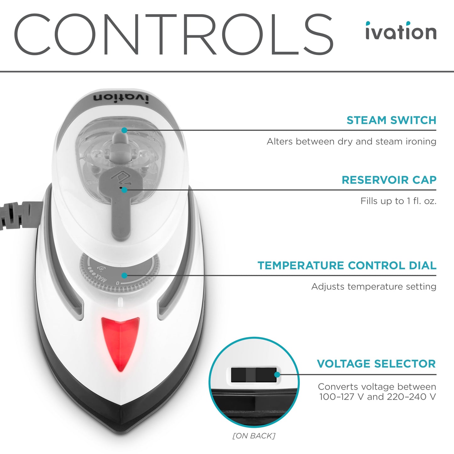 Ivation - Plancha de vapor de viaje | Mini plancha seca de doble voltaje y vaporizador para ropa con suela antiadherente, control de temperatura e indicador | Calienta en segundos, pequeño y compacto,