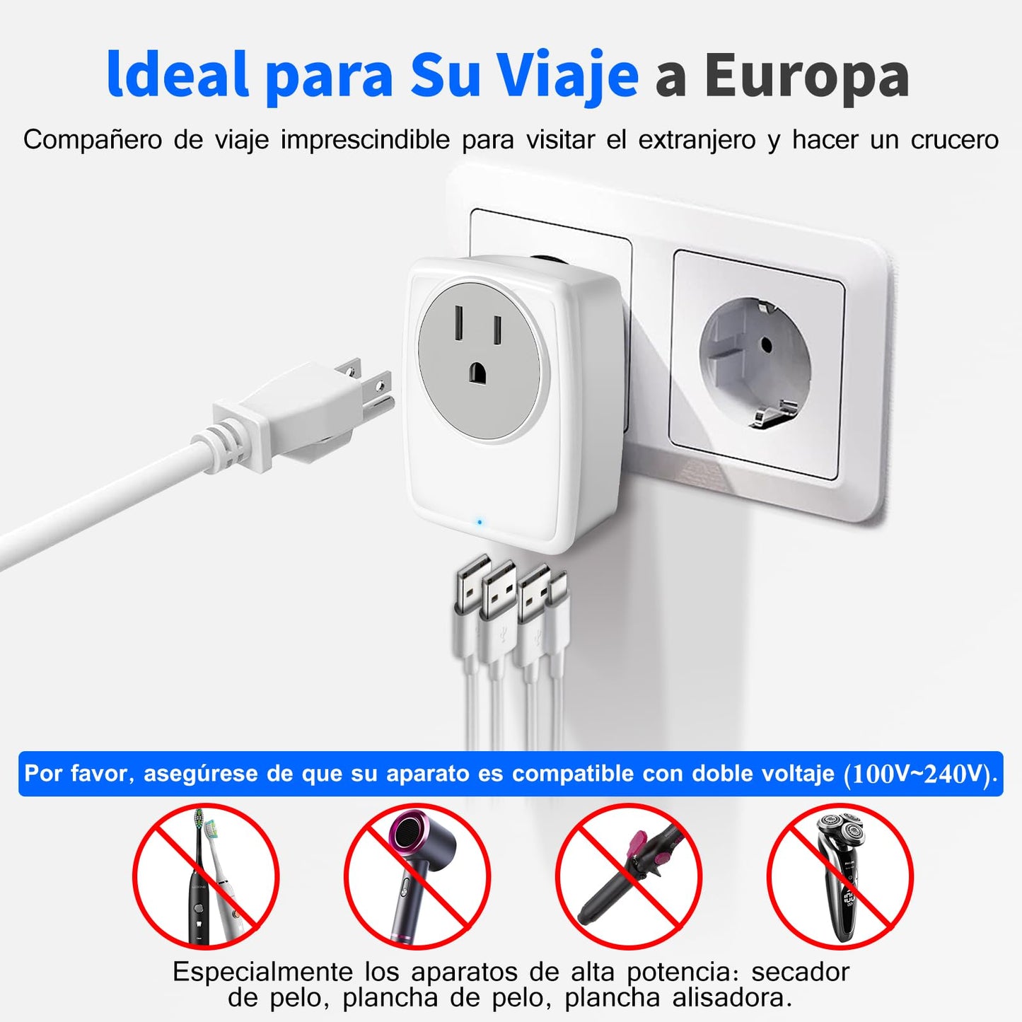 Adaptador de Enchufe Europeo de Viaje con USB C y 3 Puertos USB para España Francia Alemania Grecia Islandia