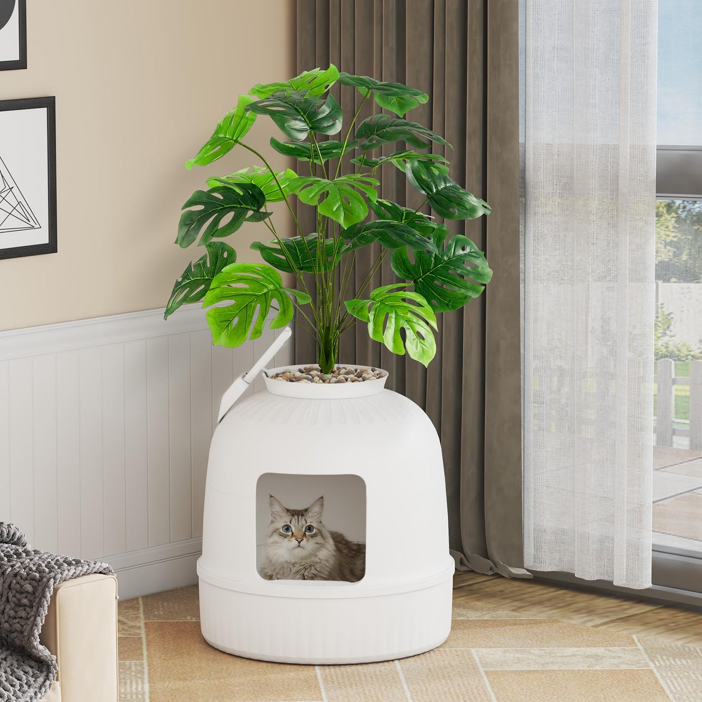 Lifewit Caja de Arena para Gatos con Plantas Ocultas, Plantas Artificiales y Caja de Arena Cerrada para Gatos, ventilación y Filtro de olores, fácil de Limpiar, Color Blanco