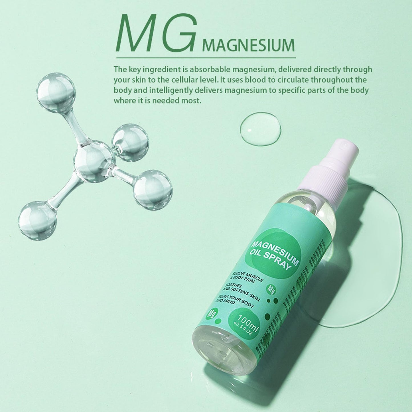 Saluaqui Spray de Aceite de Magnesio de 100 Ml Aceite en Aerosol de Magnesio Puro para Aliviar los Músculos Cansados, Niebla de Magnesio de Rápida Absorción, Spray de Relajación