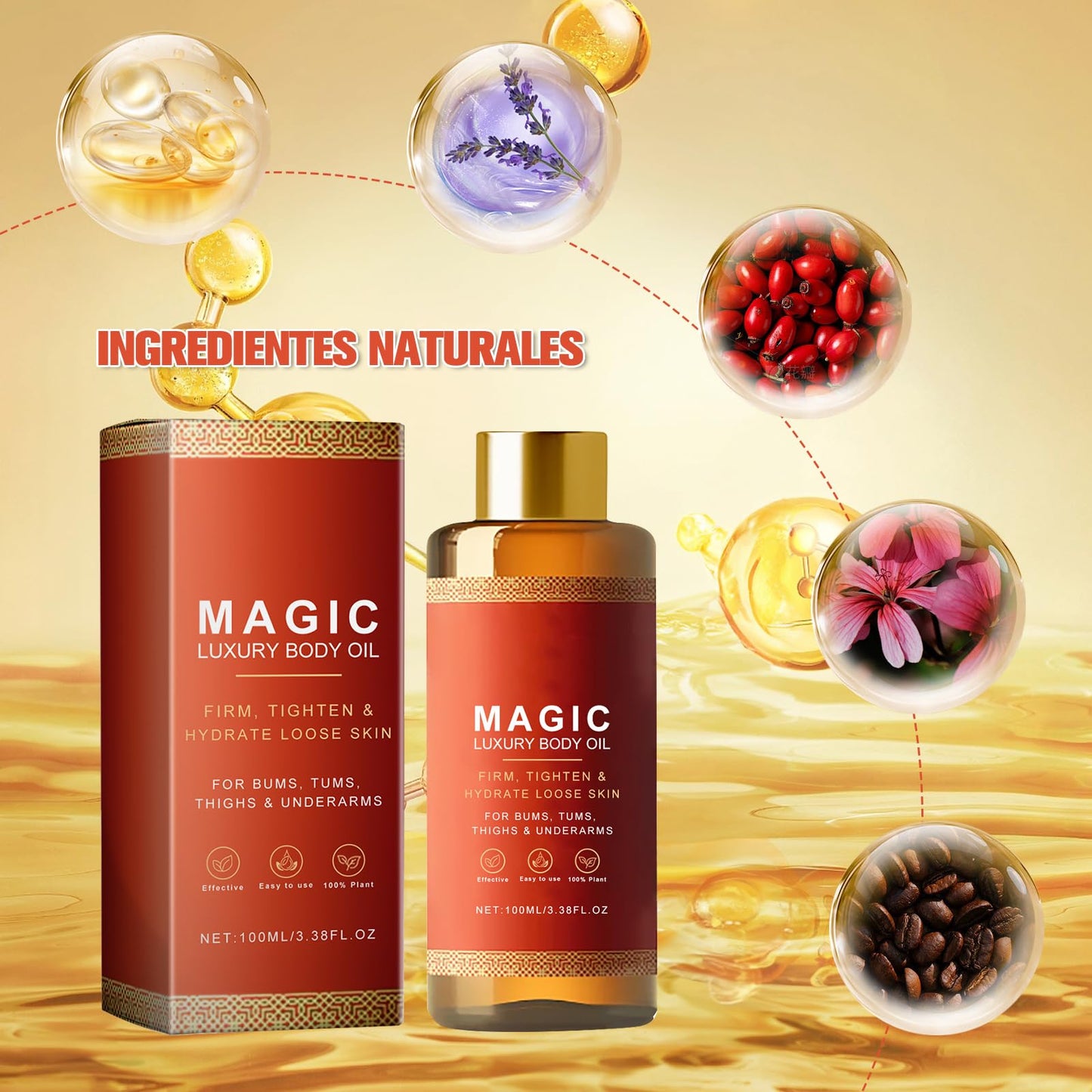 Conjunto de 2 aceites corporales mágicos Besque, hidratante lujoso de rápida absorción y no graso para reafirmar, hidratar y suavizar la piel en brazos, pecho, muslos y abdomen (100ml)