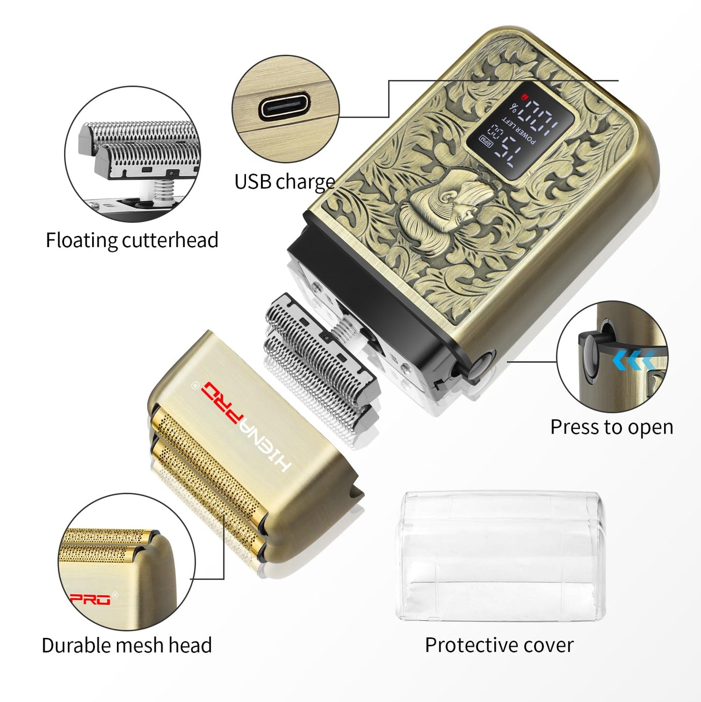 HIENA PRO - Maquinilla de afeitar eléctrica para hombres, máquina de afeitar de aluminio profesional sin cable y cabeza calva, afeitado de viaje, carga USB, pantalla LED, regalo perfecto para hombres