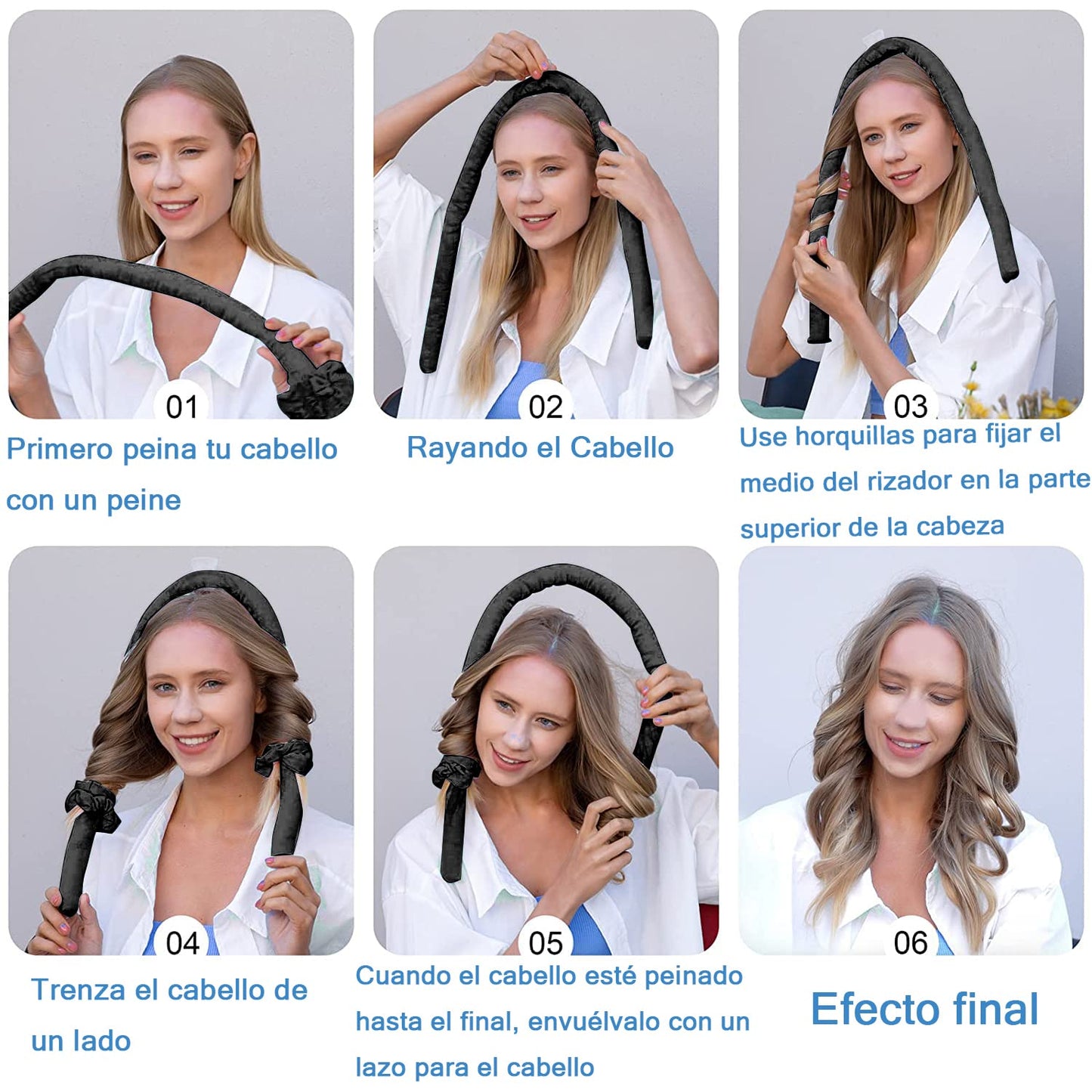 Rizos Sin Calor para Onda Natural, Rizadores de Cabello Sin Calor con Pinzas para el Cabello y Coletero para Cabello Largo, Kit de Herramientas para Peinar el Cabello de Seda Suave, Sin Daños, Sin Calor (Negro)