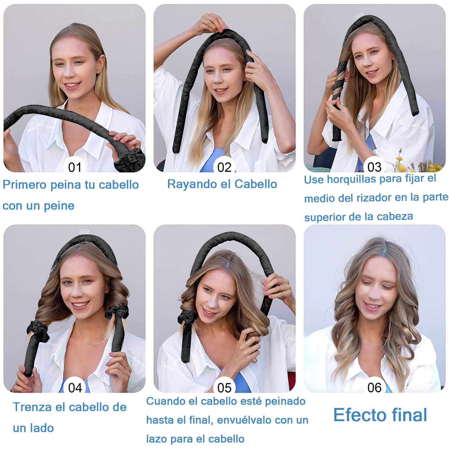 Rizos Sin Calor para Onda Natural, Rizadores de Cabello Sin Calor con Pinzas para el Cabello y Coletero para Cabello Largo, Kit de Herramientas para Peinar el Cabello de Seda Suave, Sin Daños, Sin Calor (Negro)