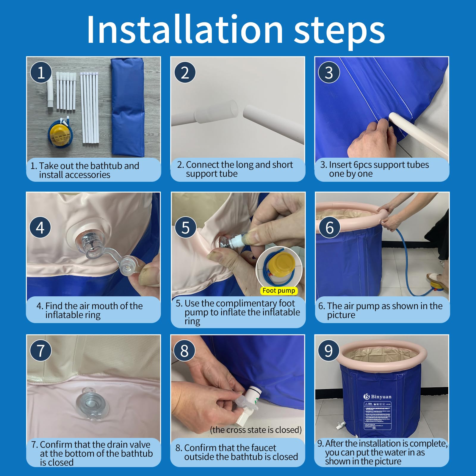 Bañera Inflable Plegable Hidroterapia Plástico Azul Espacio Pequeño para Adultos