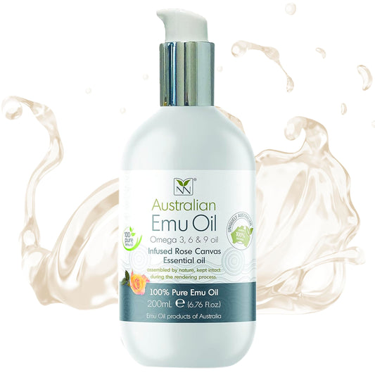 Y-Not - Aceite de emu australiano ultra puro natural – Lujoso aceite de emu de grado hospitalario – el hidratante definitivo para la piel, el cabello, las uñas y el cuero cabelludo (aceite de emu puro con lienzo de rosa, 200 ml)