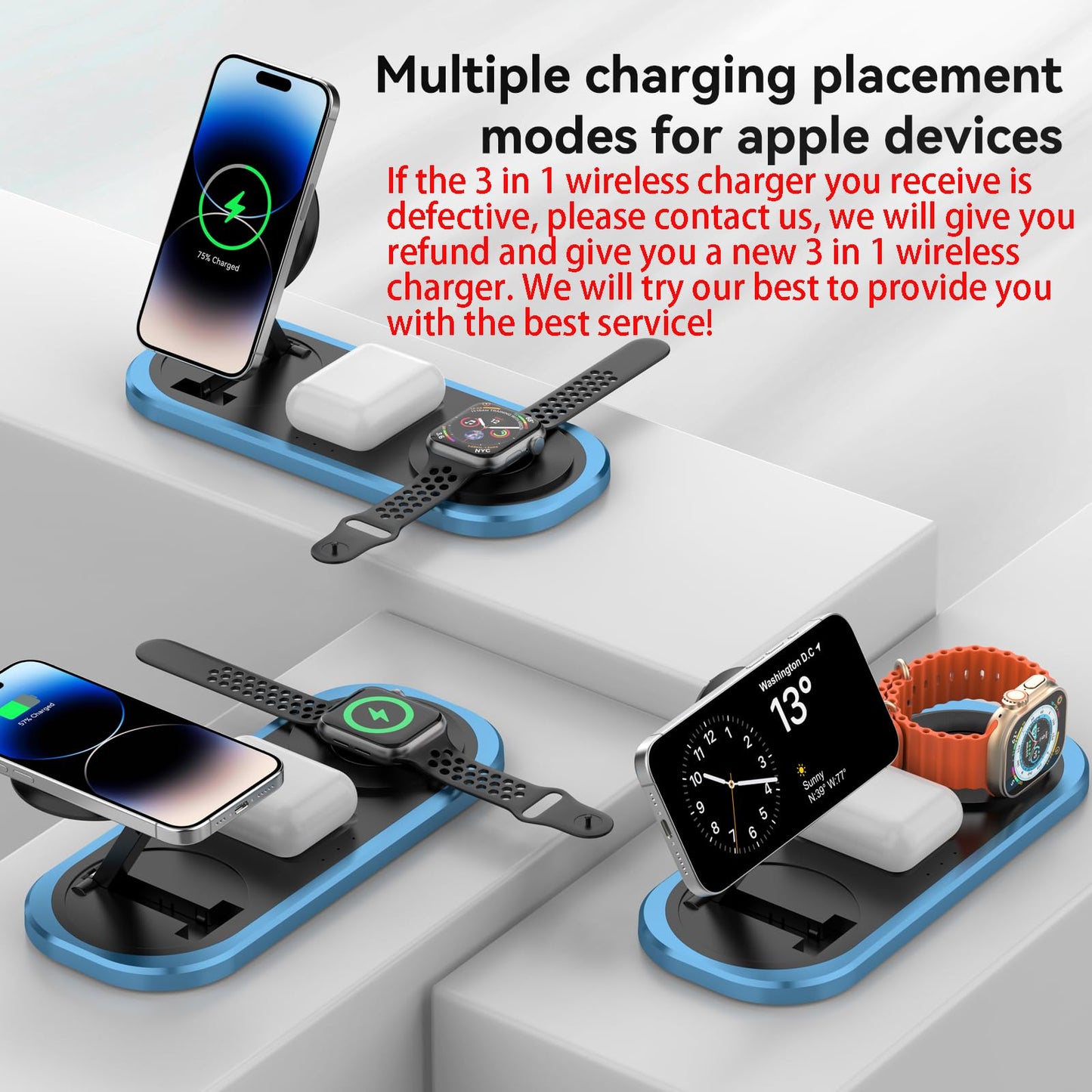 Cargador inalámbrico 3 en 1, estación de Carga magnética Plegable para Magsafe para iPhone 16/15/14/13/12/Pro MAX/Pro/Mini/Plus, Apple Watch 10/9/8/7/SE/6/5/4/3/2/1/Ultra2/Ultra, AirPods pro/2/3/4