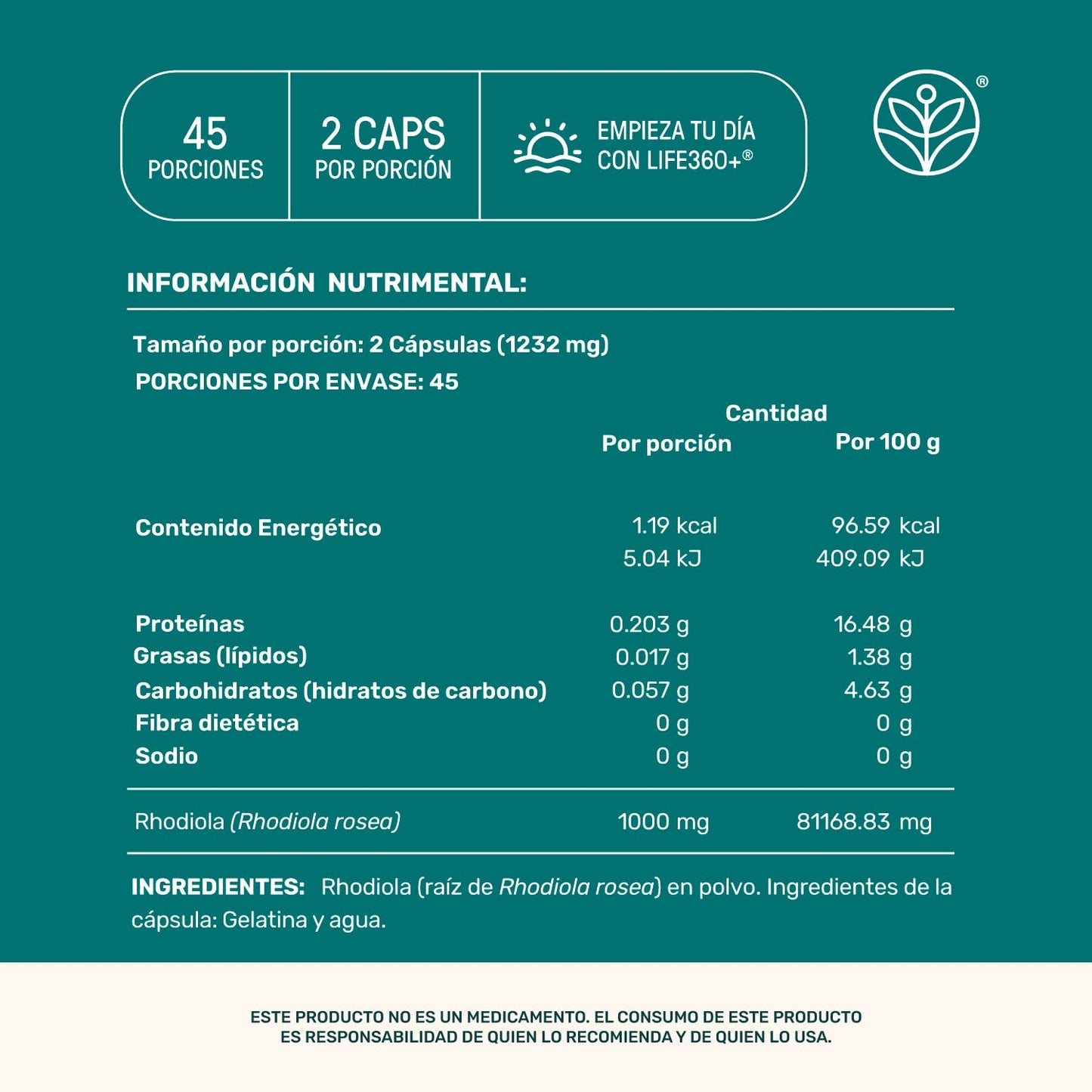 LIFE 360+ Rhodiola Rosea | 90 Cápsulas | 616 mg c/u | 45 Porciones | Suplemento Alimenticio a Base de Raíz Rhodiola Rosea en polvo | Tomar 2 cápsulas al día