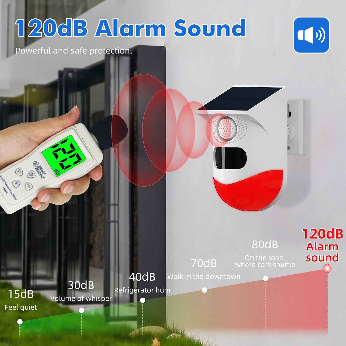 Alarma de Sonido Solar con Luz Estroboscópica de 120 dB Impermeable IP67 con Mando a Distancia para el Hogar y Granja