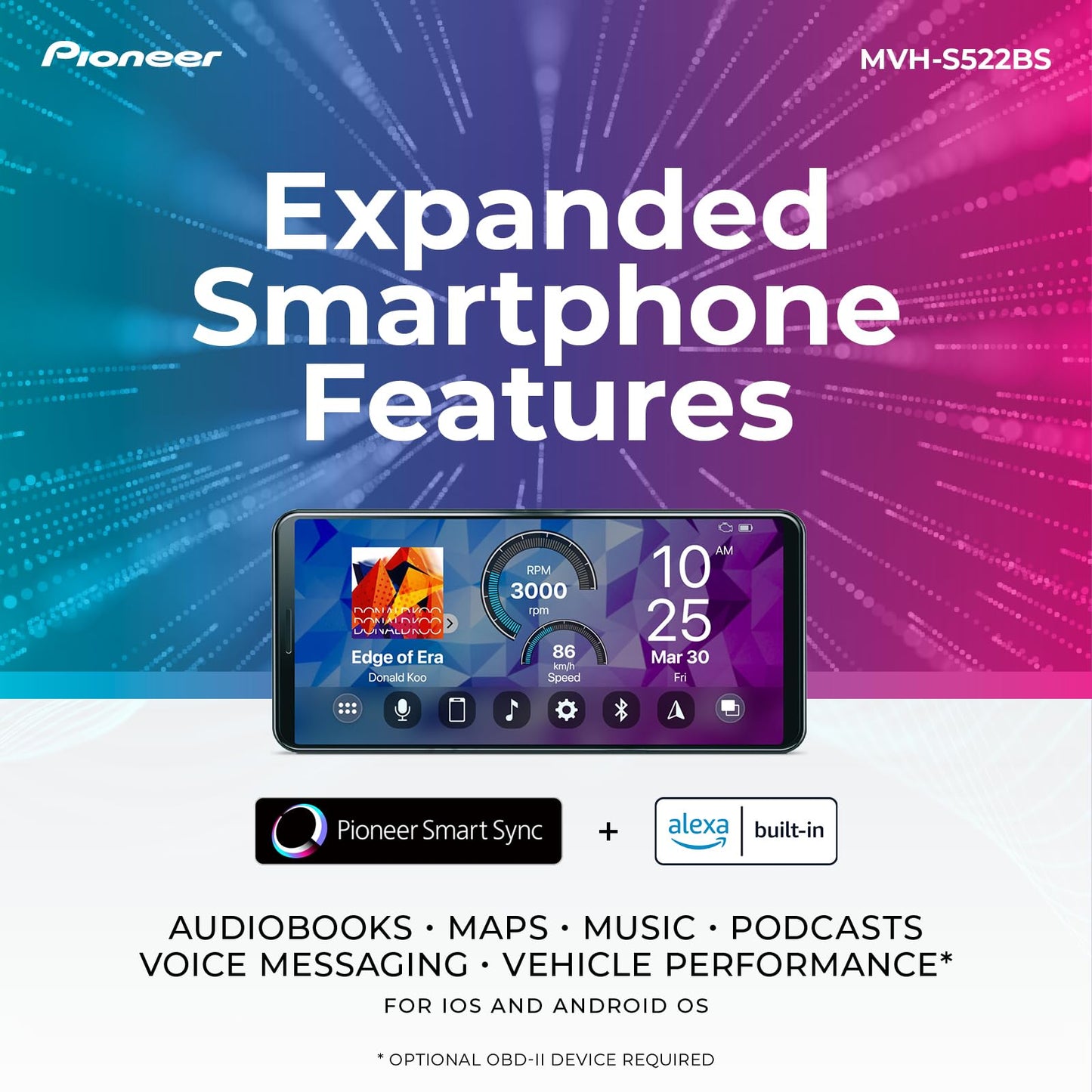 Estéreo Bluetooth para Coche Pioneer MVH-S522BS Negro con Sincronización Inteligente y Llamadas Manos Libres