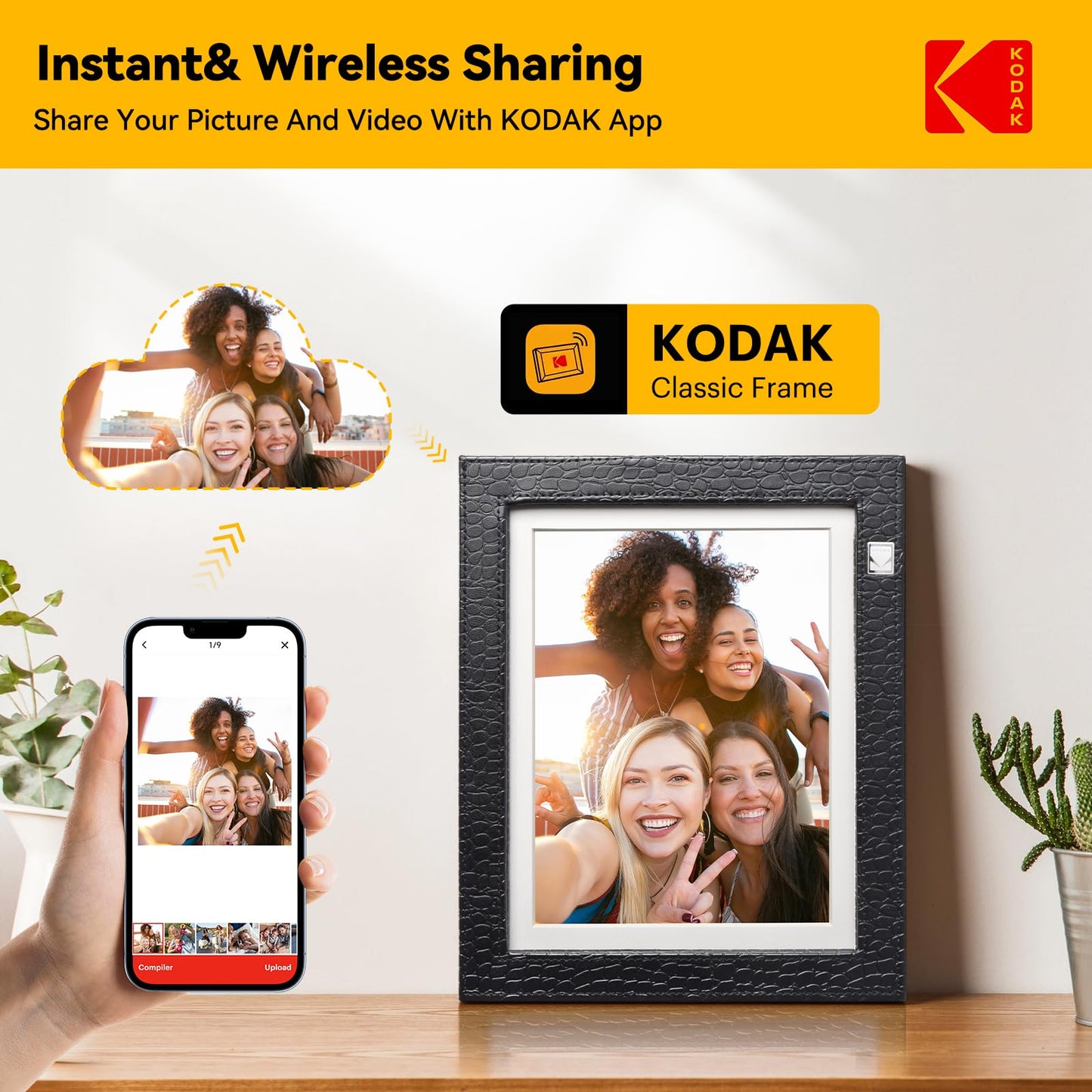 KODAK - Marco de fotos digital con WiFi, visualización táctil IPS de 9.7 pulgadas 2048 x 1536, almacenamiento de 32 GB, sensor de movimiento de rotación automática, compartir fotos y videos, regalos