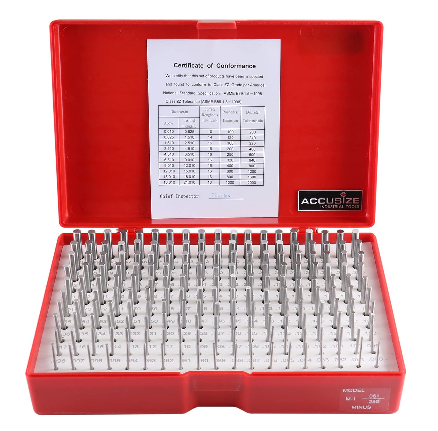 Accusize - 190 Pcs/Set M1(-) 0.061'' - 0.250'' Steel Plug Pin Gage Set Minus, M1(-)