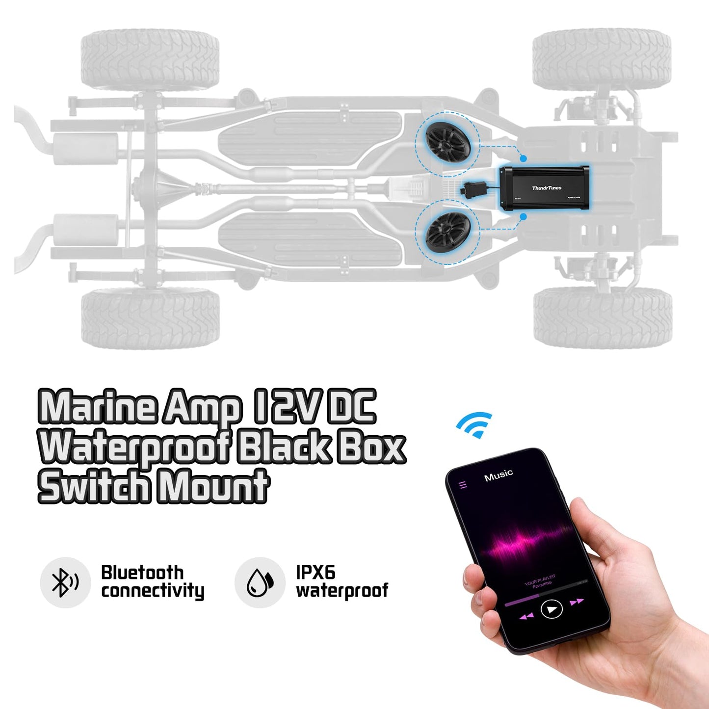 Amplificador Marino Clase D Powersport Bluetooth Compacto de 60 W x 4 Canales con Control Remoto y Fácil Instalación