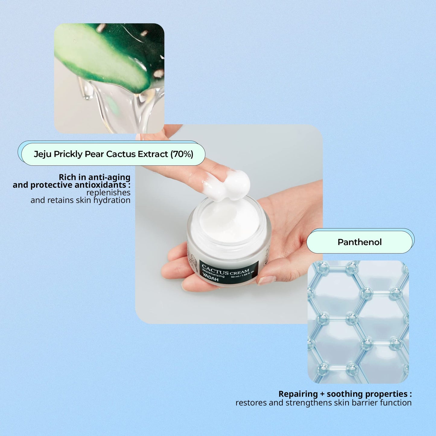 YADAH Crema de cactus 1.69 onzas líquidas – Hidratante facial que forma barrera de humedad para piel seca sensible