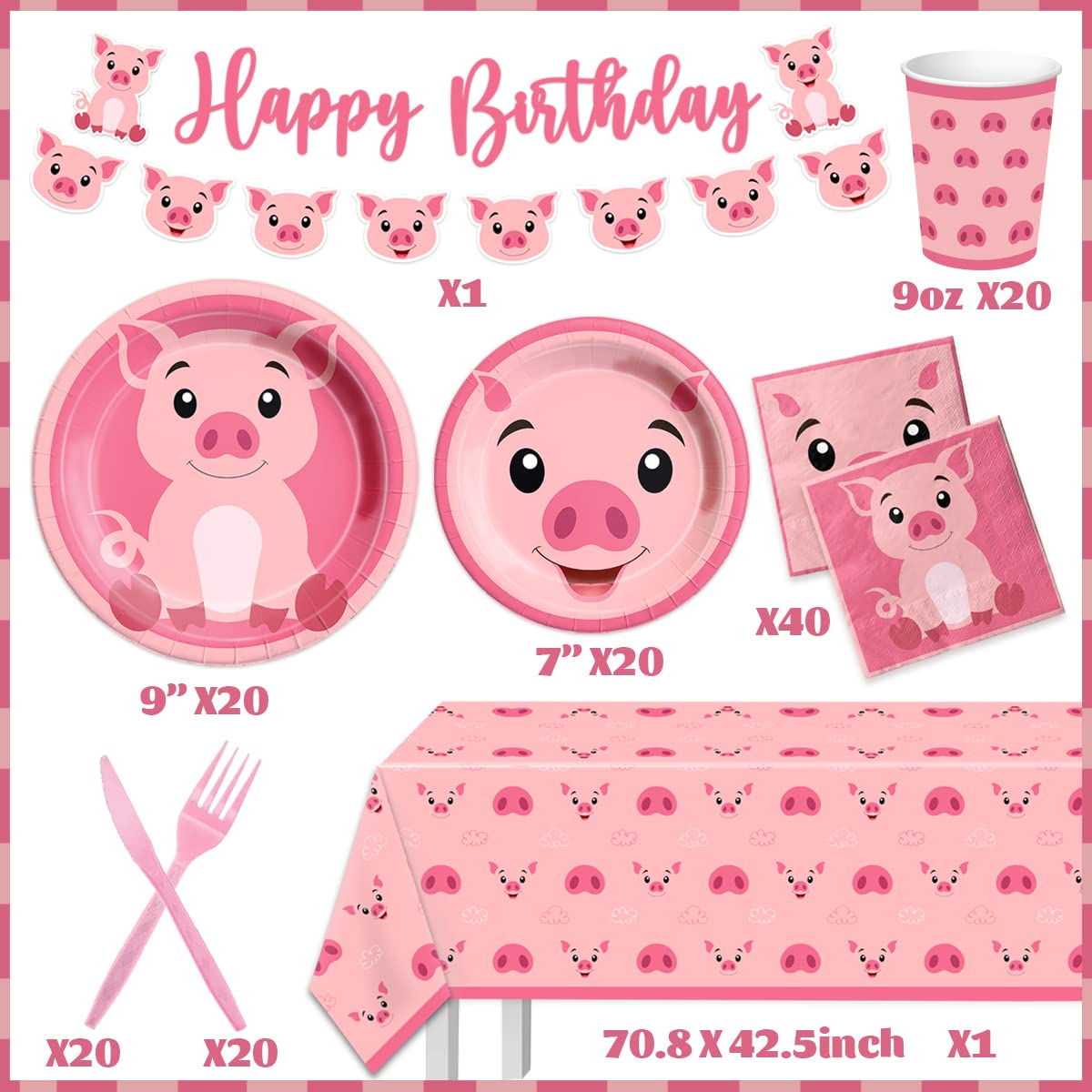 Juego de vajilla de cerdo para cumpleaños, 143 piezas, juego de vajilla de cerdo rosa para niños, juego de platos y servilletas con temática de cerdo, suministros de fiesta de cumpleaños para 20
