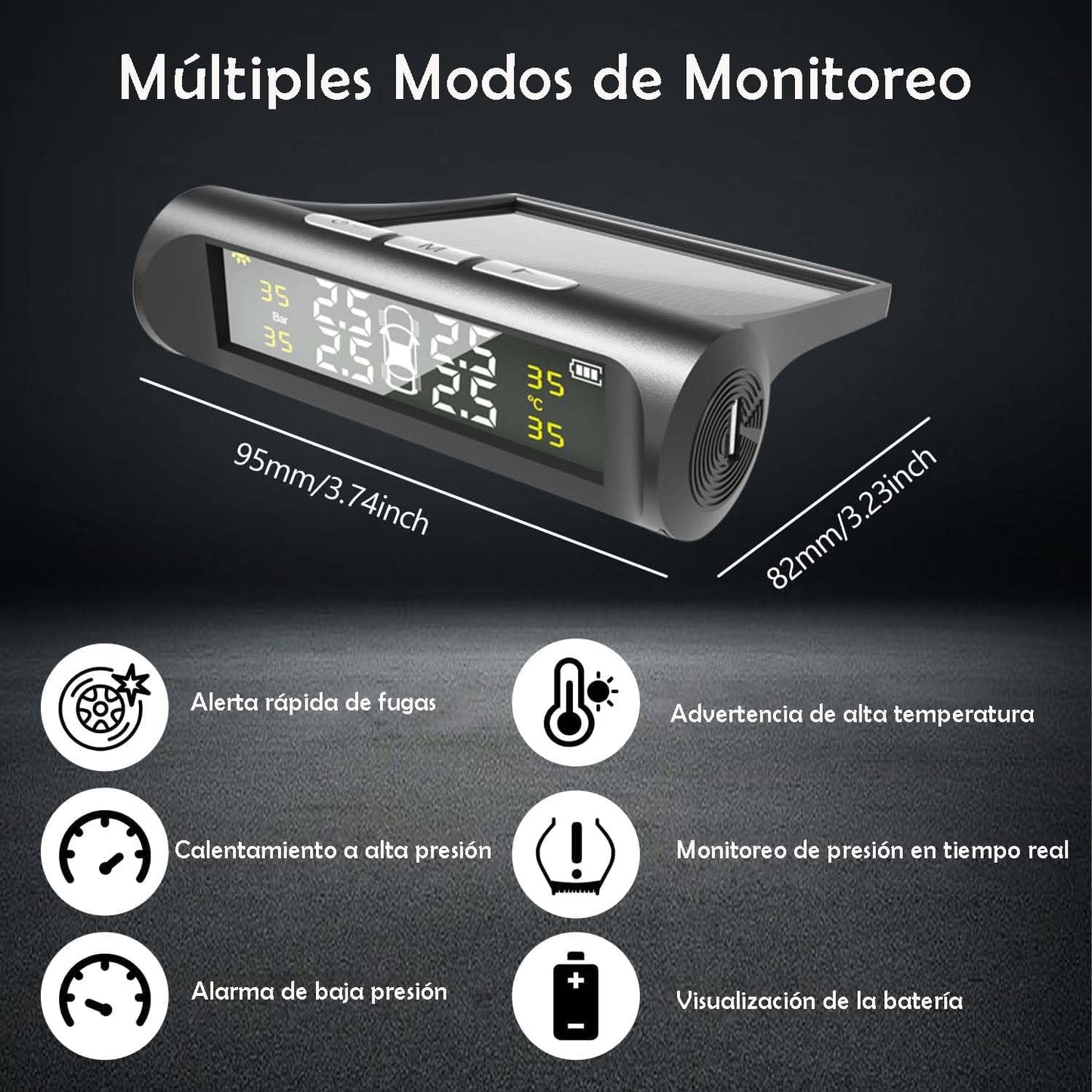 Sistema de Monitoreo de Presión de Neumáticos Inalámbrico con Pantalla LCD en Tiempo Real y Carga Solar USB