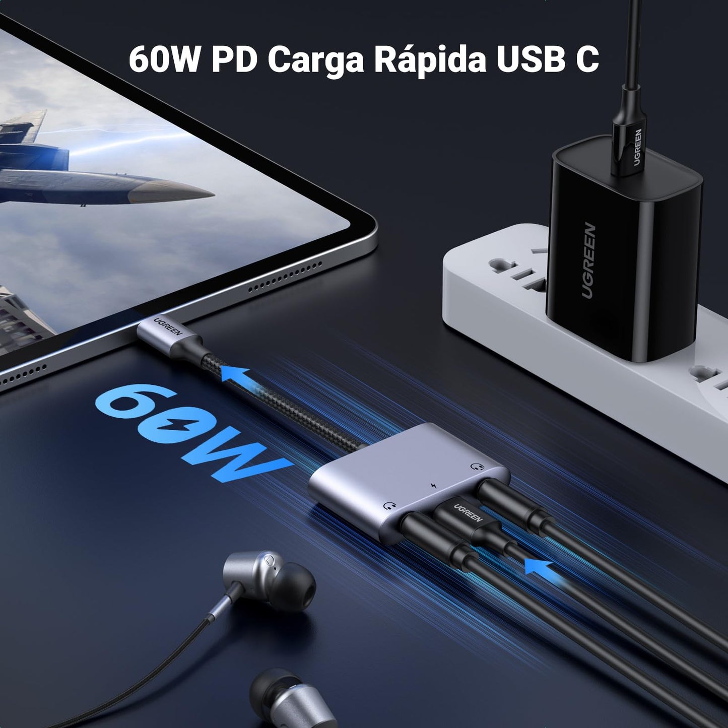 Adaptador USB C UGREEN Negro con 2 Jack 3.5 mm y Carga Rápida PD 60W