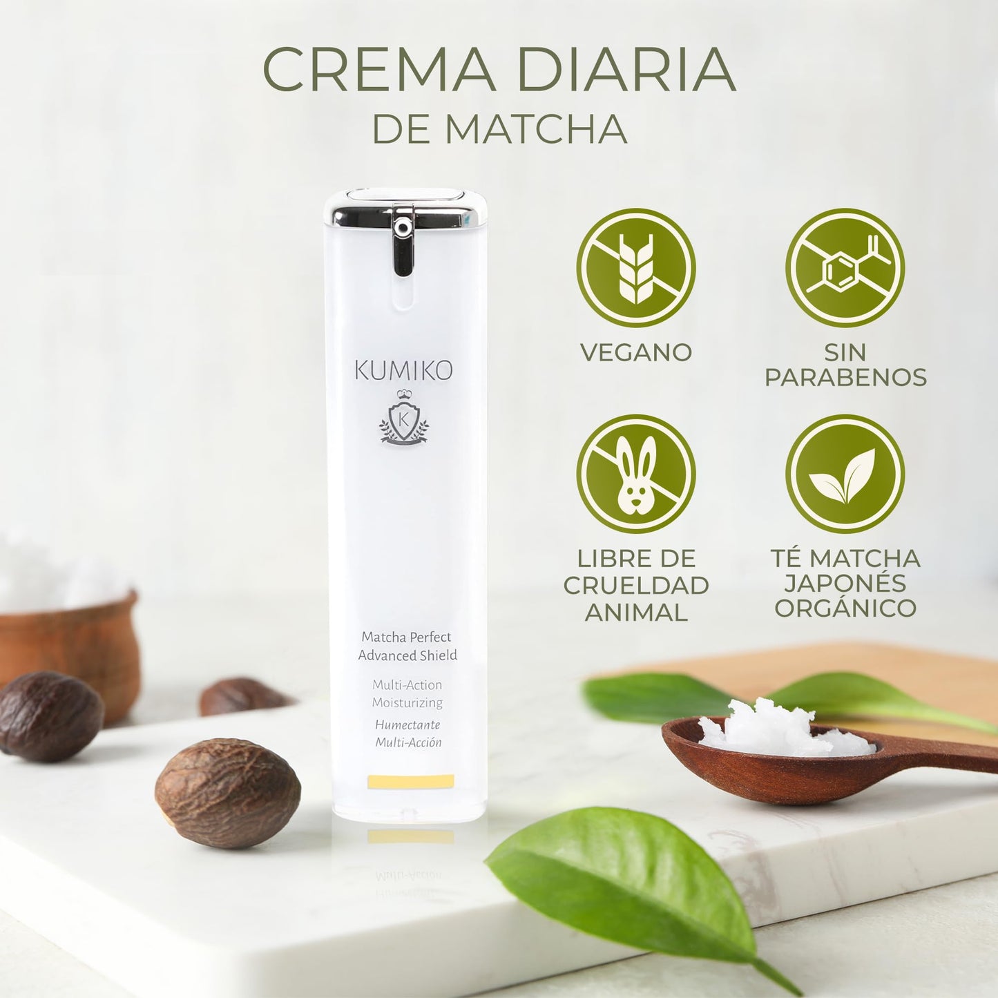KUMIKO Matcha Perfect Advanced Shield Crema Hidratante Facial Piel Grasa de Acción Múltiple para Todo Tipo de Piel - Suavidad y Juventud - 6.74 oz - Diaria Nutrición y Luminosidad