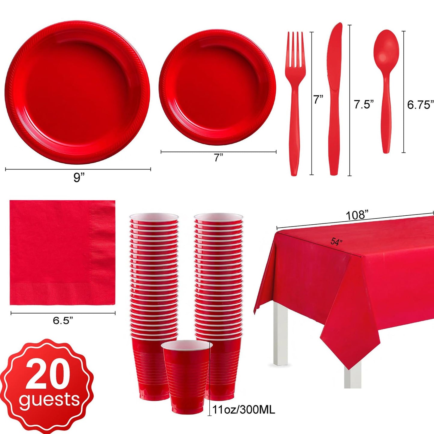 Juego de vajilla de fiesta, platos x 40, tazas x 20, servilletas x 20, cuchillos, tenedores y cucharas x 20, manteles 2 uds, Adecuado para bodas y fiestas de cumpleaños otras celebraciones (Rojo)