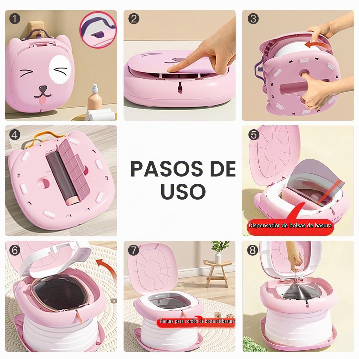 XOCOYOTZIN Orinal de Viaje Portátil para Niños,Asiento Entrenador Baño para Niños, portátiles y plegables con bolsa de basura y bolsa de almacenamiento para automóviles,Camping, Interior y Exterior con Rollos Bolsa de Almacenamiento(Rosa)