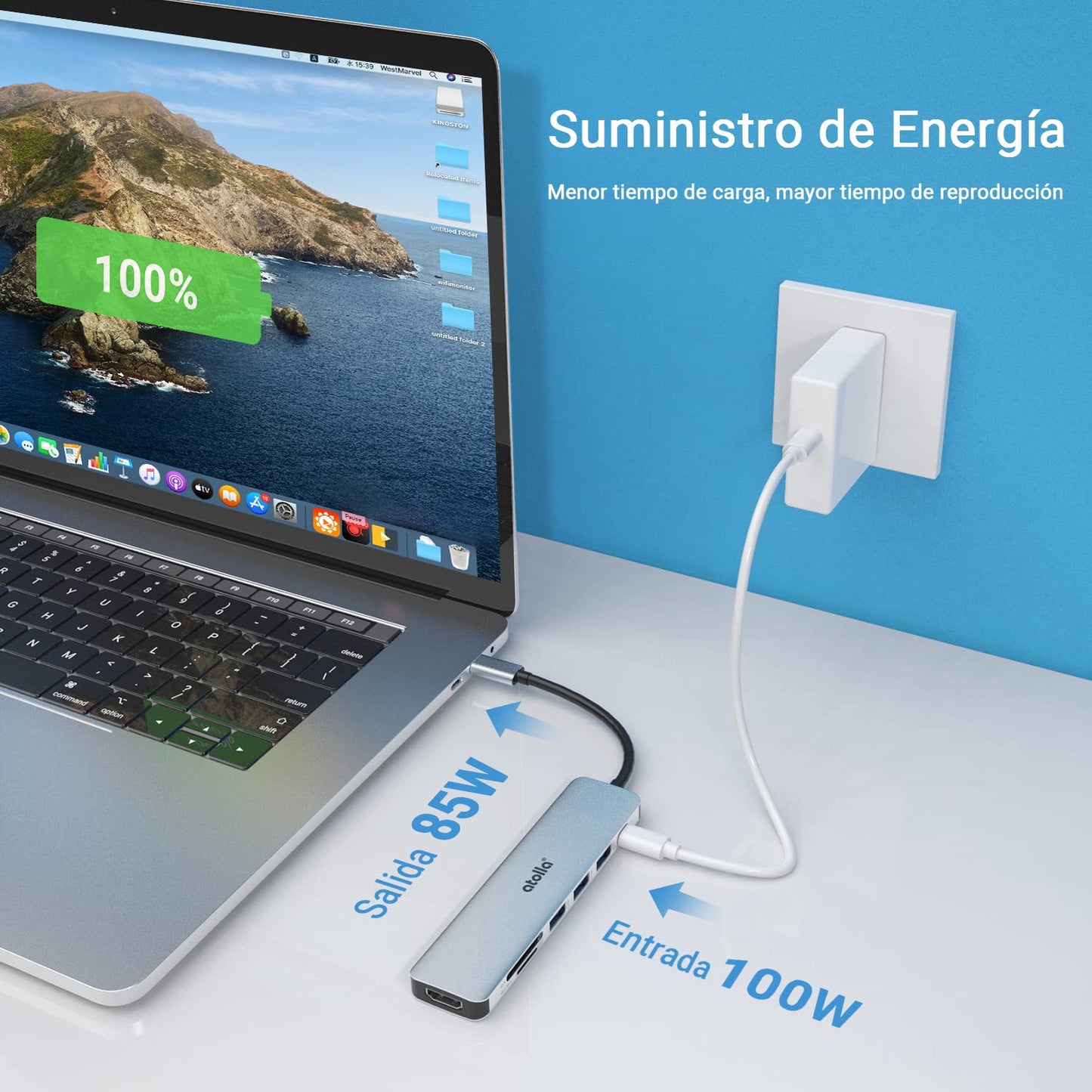 atolla USB C HUB, 7 en 1 Adaptador USB C a HDMI 4K, 100W PD Carga, 3 x USB 3.0, Lector de Tarjetas SD/Micro SD, Compatible con MacBook Pro (Thunderbolt 3), XPS y Más Dispositivos Tipo C