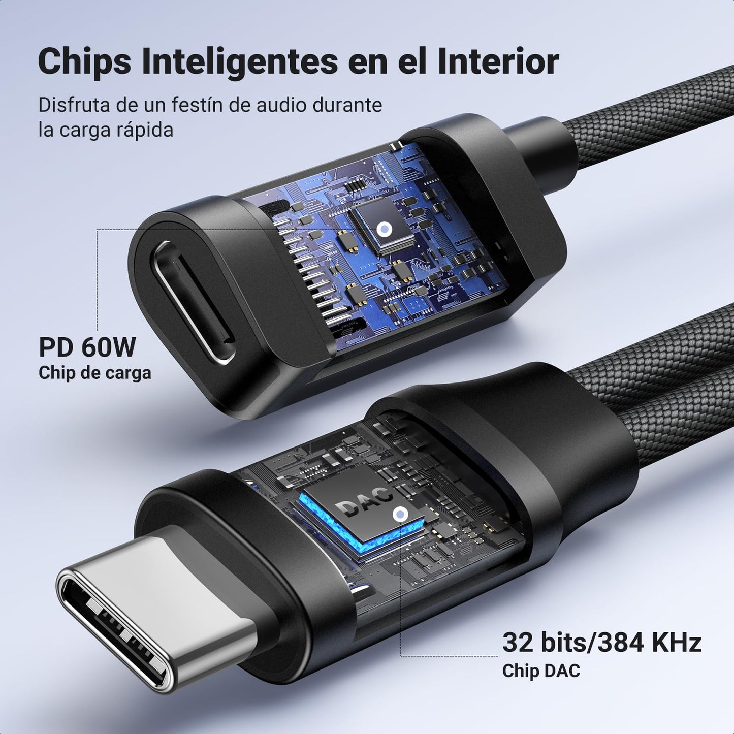 Adaptador USB C UGREEN 60W PD Magnético para Auriculares en Negro, Carga Rápida y Hi-Res 32bit/384kHz