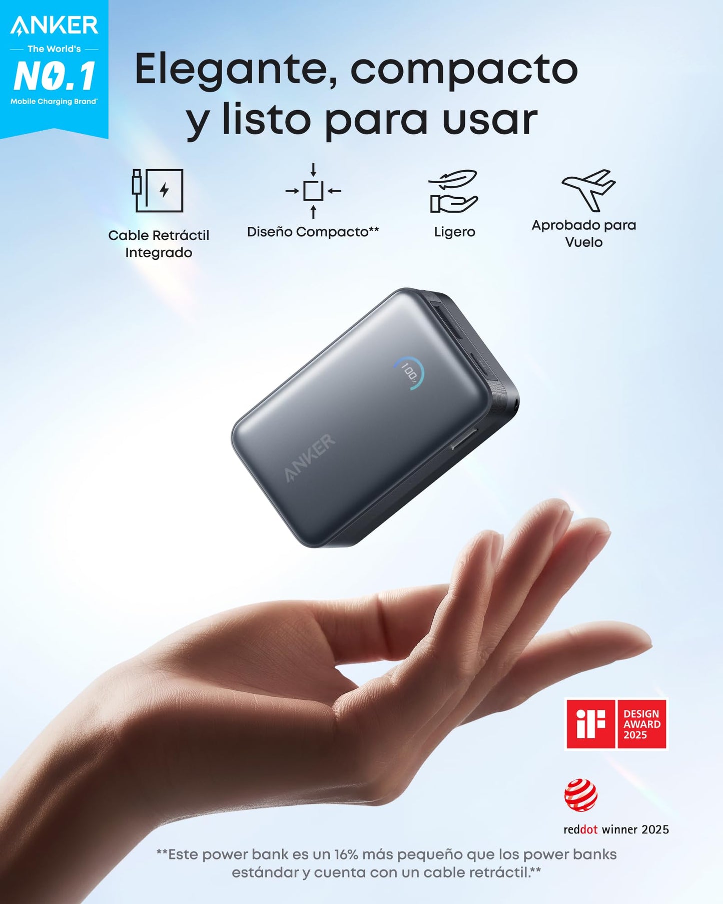 Cargador Portátil Anker Nano Negro de 10.000mAh con Cable Retráctil InstaCord y Pantalla Inteligente para iPhone, iPad, Galaxy y Pixel