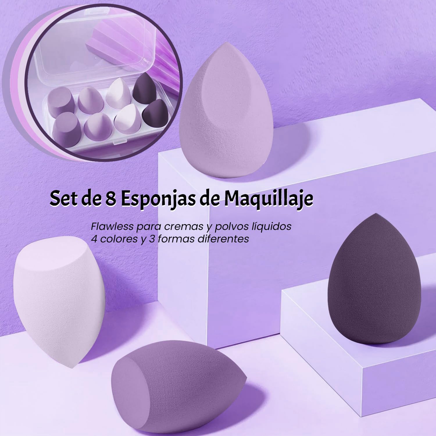 Esponjas de maquillaje: Set de 8 piezas con 3 formas disponibles para uso en maquillaje facial. Ideal para aplicación en seco y húmedo. Beauty Blender para un acabado impecable. ¡Compra ahora en lÃnea!