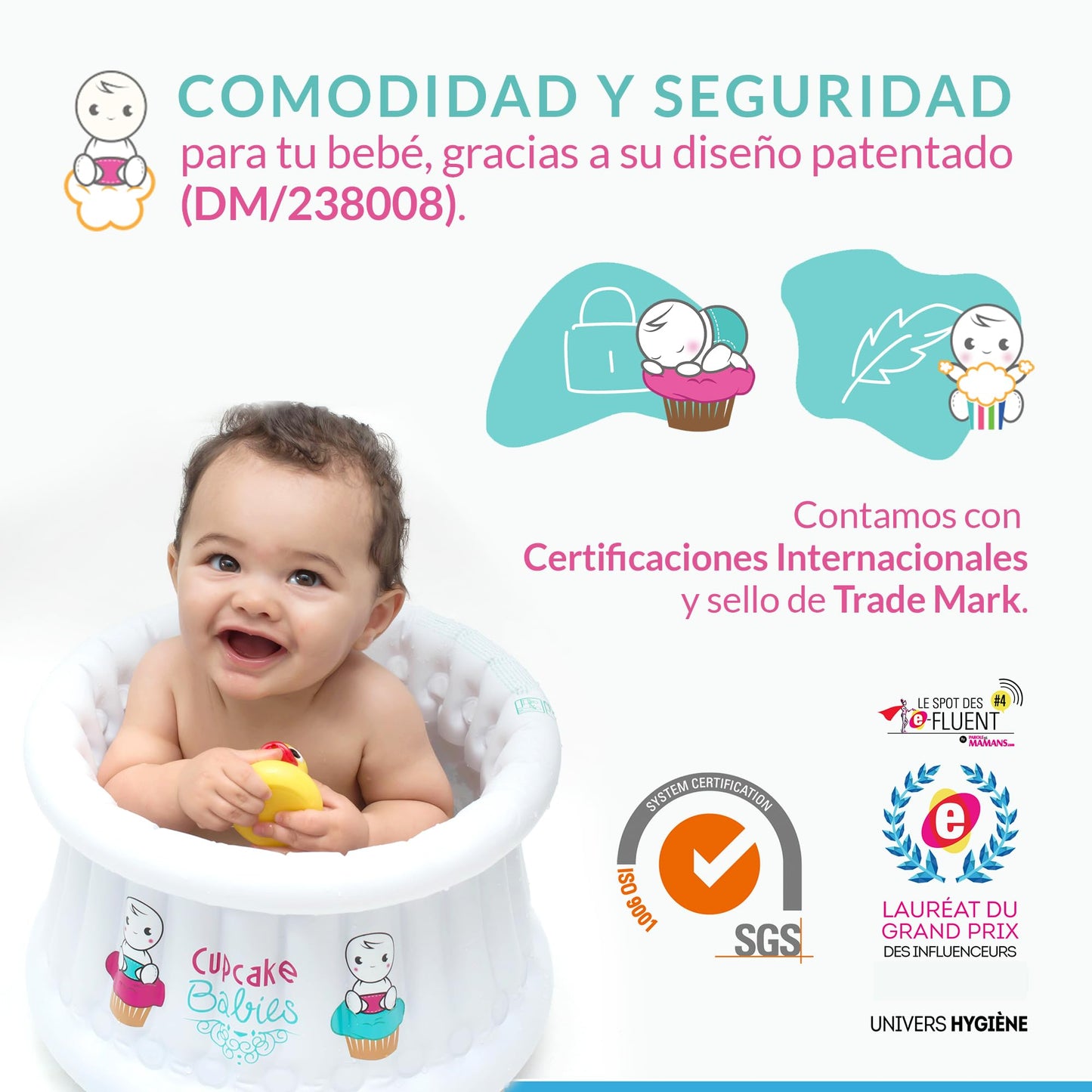 Bañera para Bebe Inflable Turquesa | Navidad | Ideal Regalos Navideños para Recién Nacidos hasta 12 Meses | Incluye Bolso de Viaje, Pato de Juguete y Compresor de Aire | Alberca para Bebe | CUPCAKE BABIES