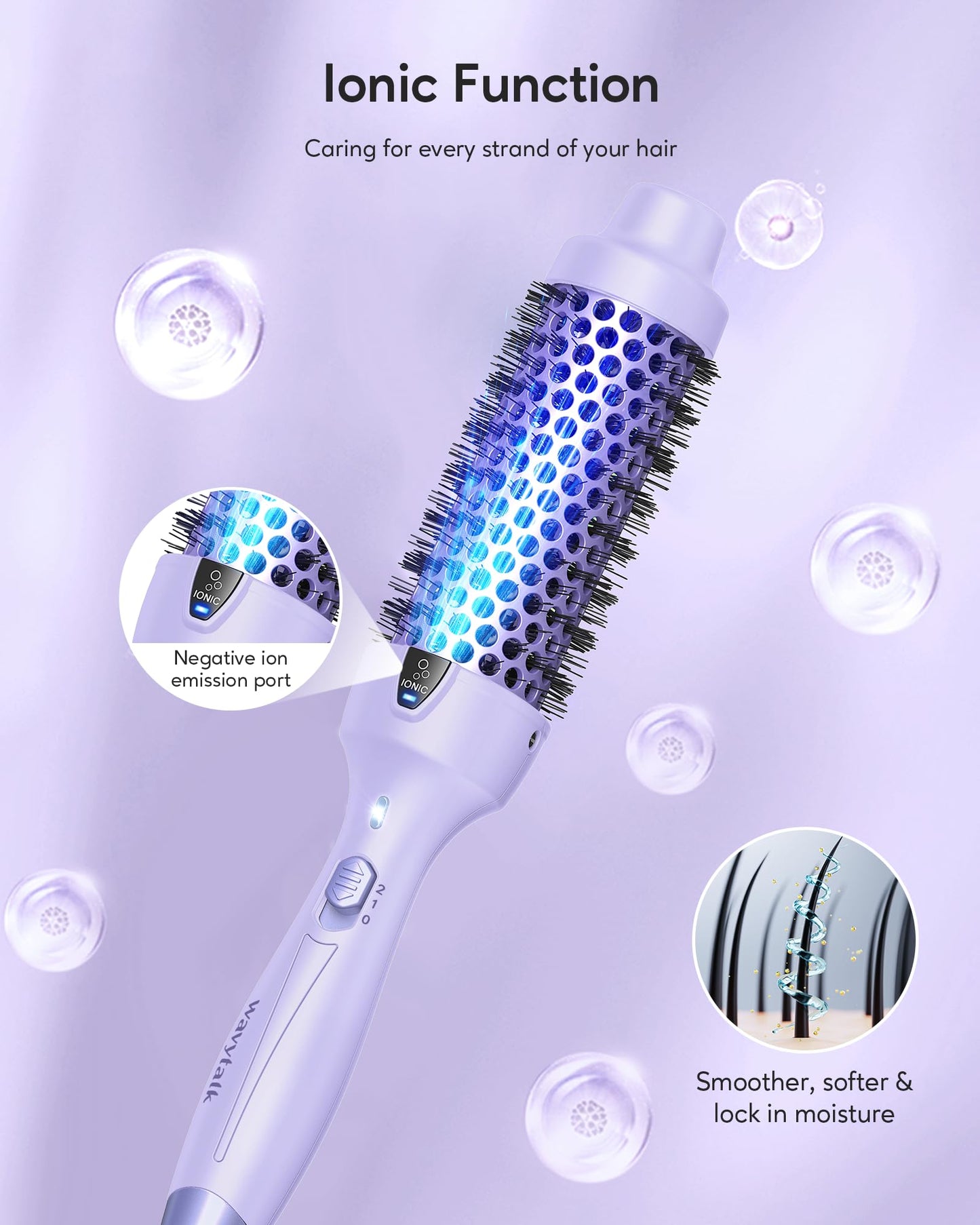 Wavytalk Cepillo térmico de 1.5 pulgadas Blowout Express iónico con calefacción que crea un aspecto de soplado sin esfuerzo y logra hermosos rizos, doble voltaje (morado)