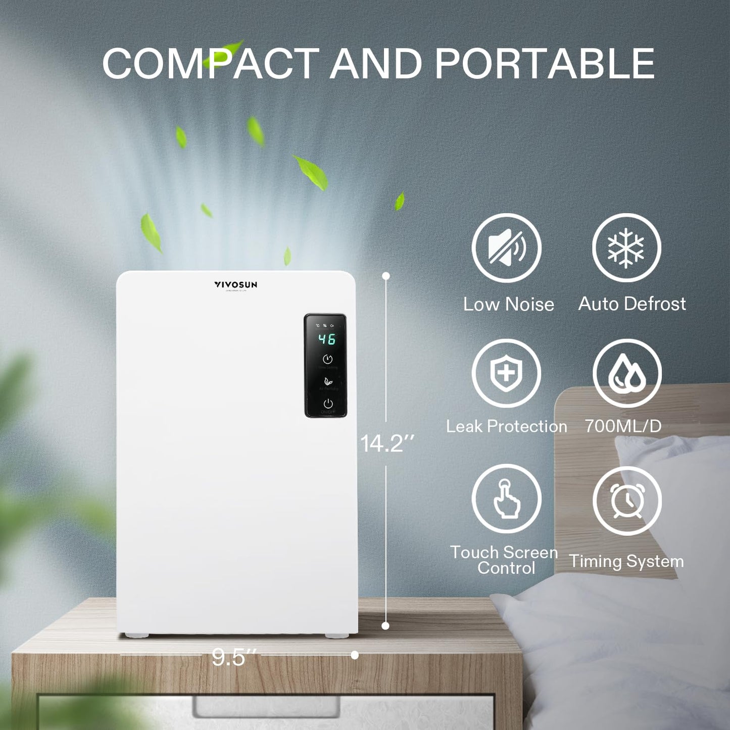 Deshumidificador Eléctrico VIVOSUN Blanco Ultra Silencioso con Temporizador y Tanque 2200 ml para Sótano o Armarios