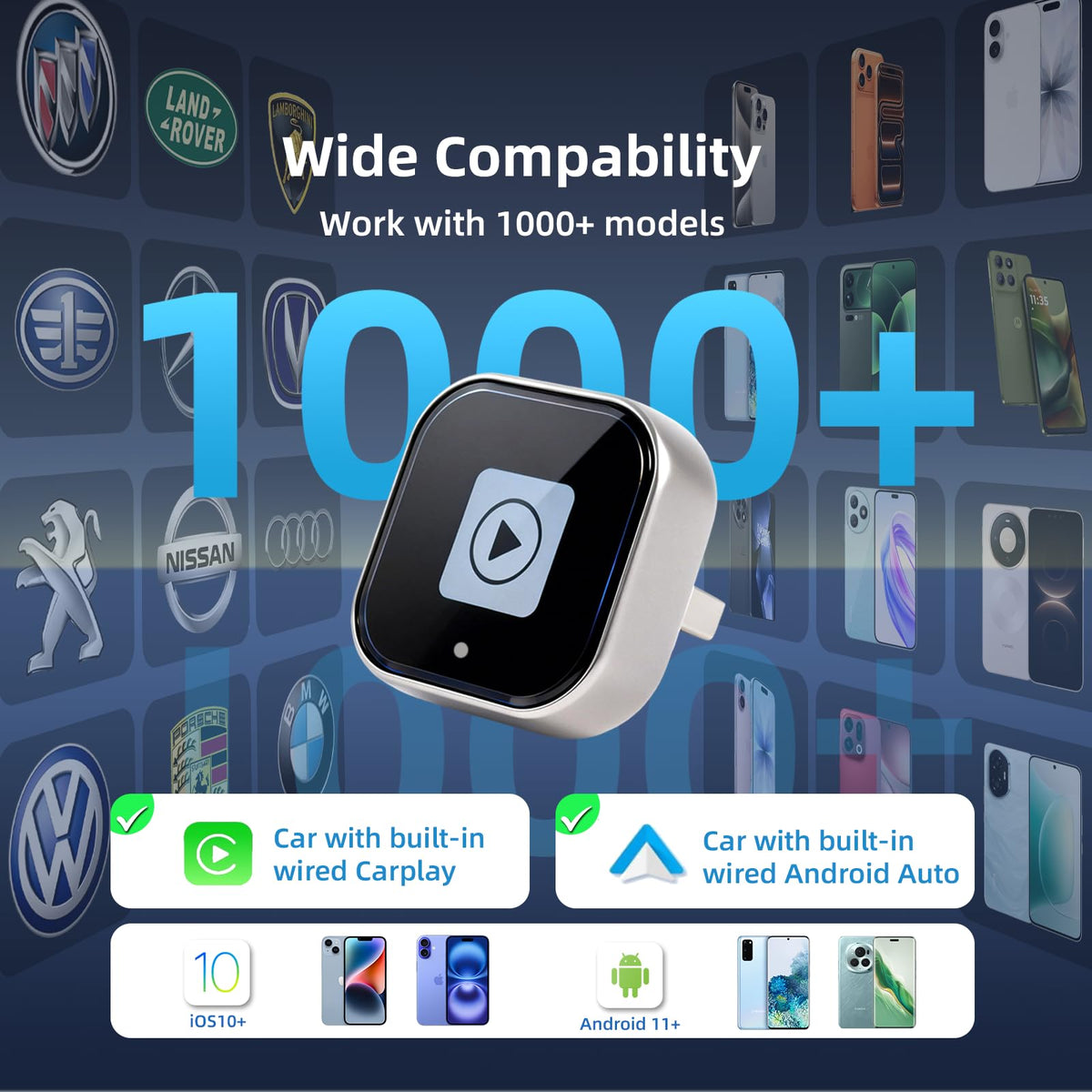 Adaptador Automático Inalámbrico CarPlay y Android 2 en 1 con Convertidor USB USB-C Doble Banda 5 GHz
