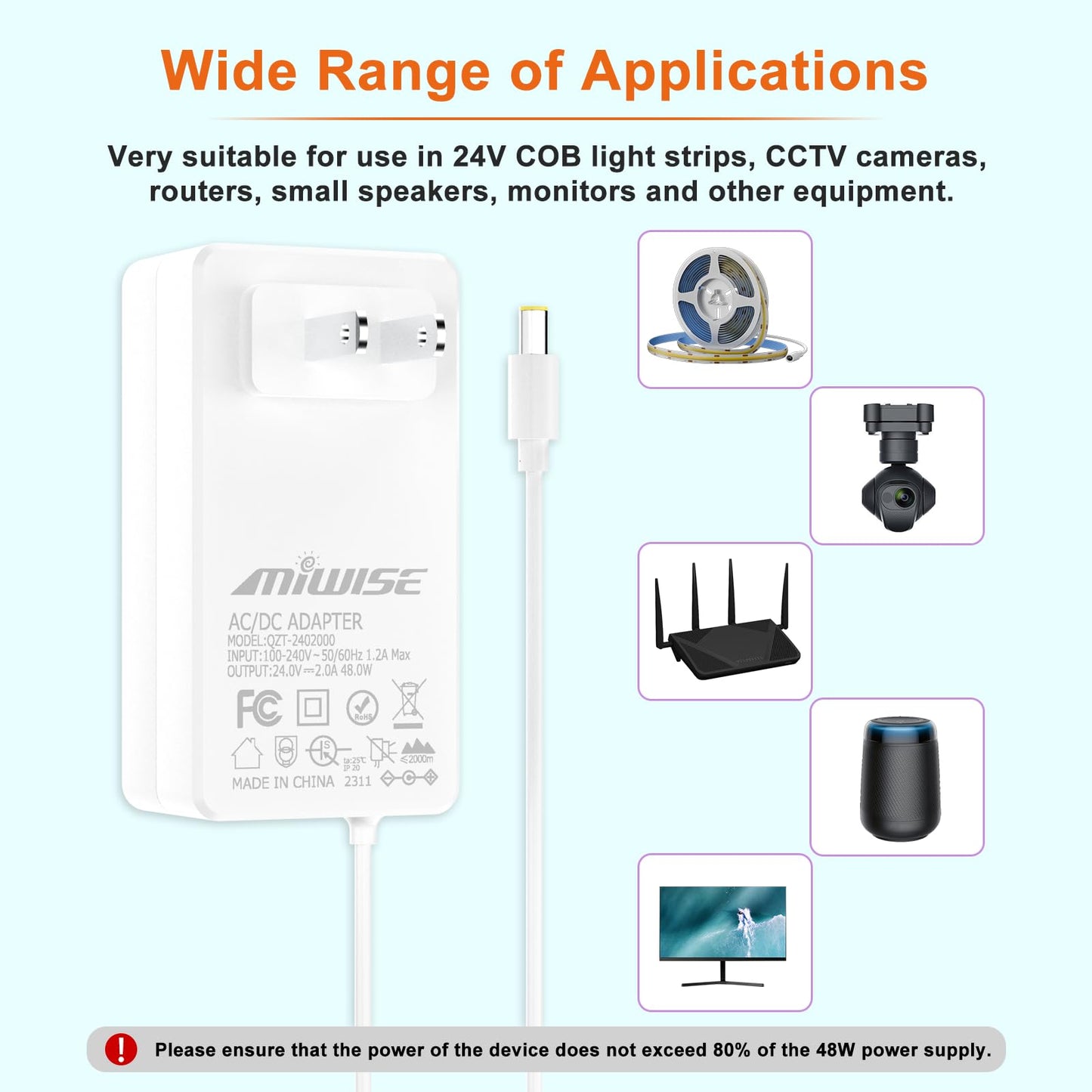 Adaptador de Fuente de Alimentación DC24 2A 48W MIWISE Blanco Convertidor AC a DC para COB LED Strip y Cámara CCTV Enchufe de EE. UU.