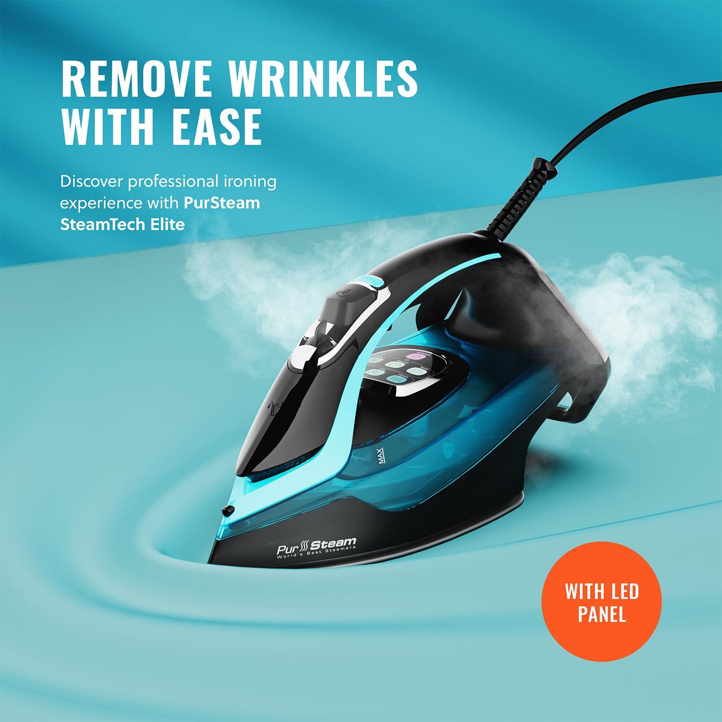 PurSteam SteamTech Elite - Plancha de vapor de 1750 W, control digital de temperatura y visualización LED, suela de cerámica, vapor ajustable, autolimpiable, anticalcio, antigoteo, apagado automático