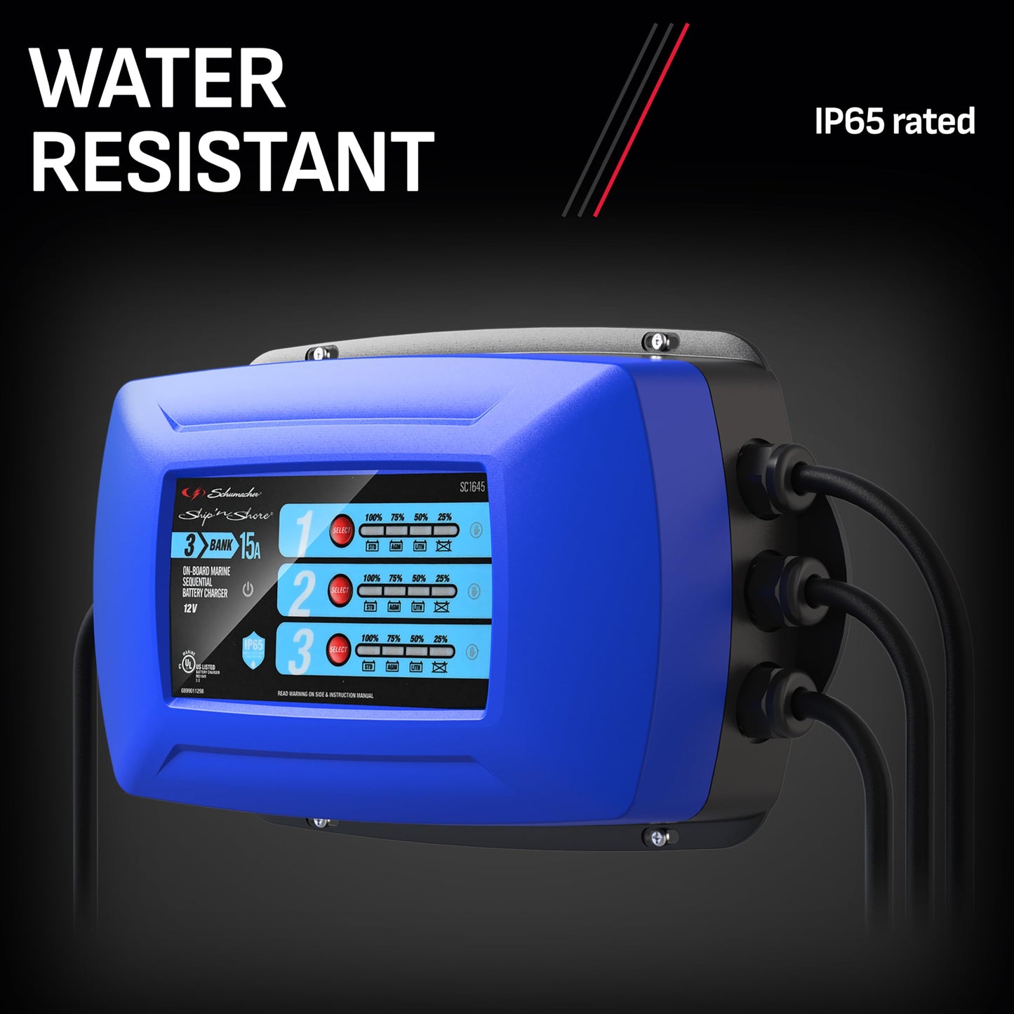 Schumacher Electric Ship 'n Shore Cargador de batería Marino de Tres Bancos, SC1645, 2 en 1, Completamente automático, Carga secuencial, Resistente al Agua, 15 amperios, 12 V, para baterías de Coche,
