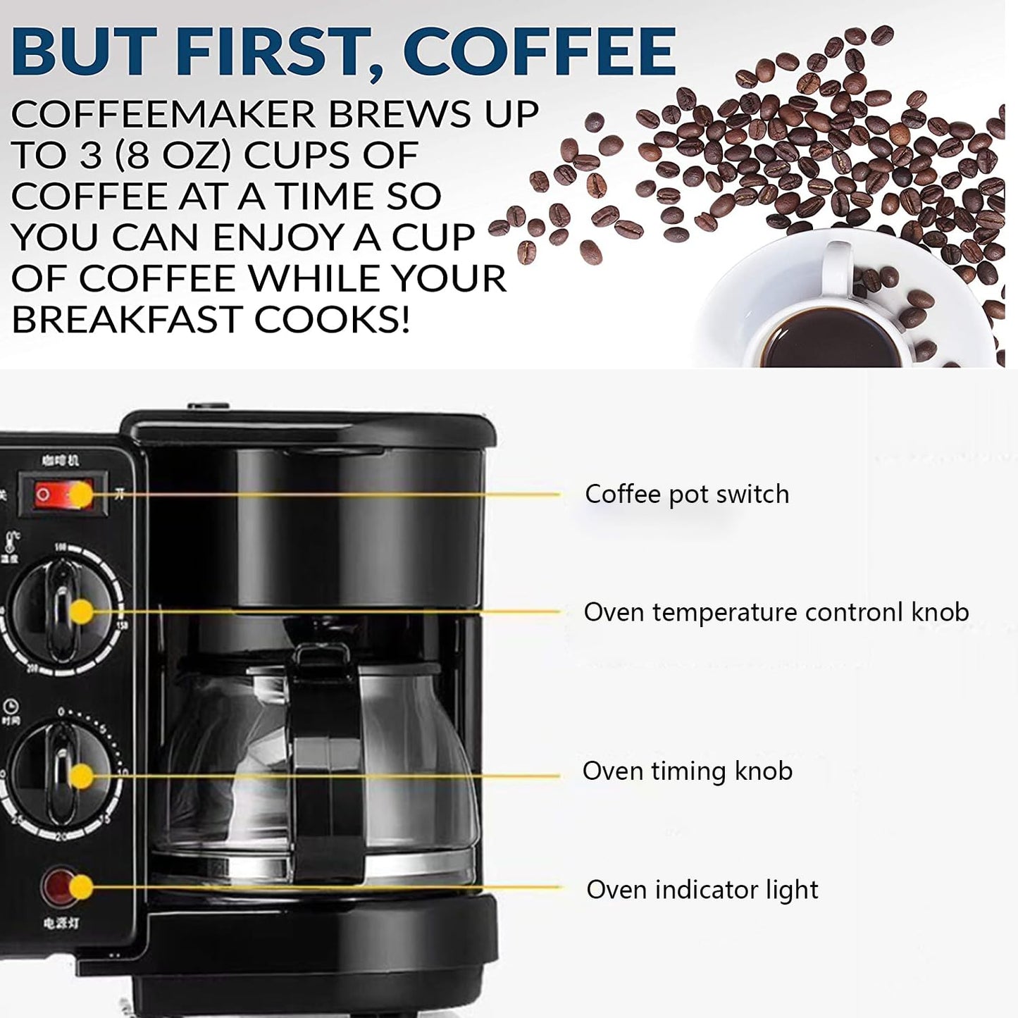 BYHIP Estación de desayuno 3 en 1 – Incluye cafetera, plancha antiadherente y horno tostador de 4 rebanadas, versátil máquina de desayuno con temporizador adecuado para