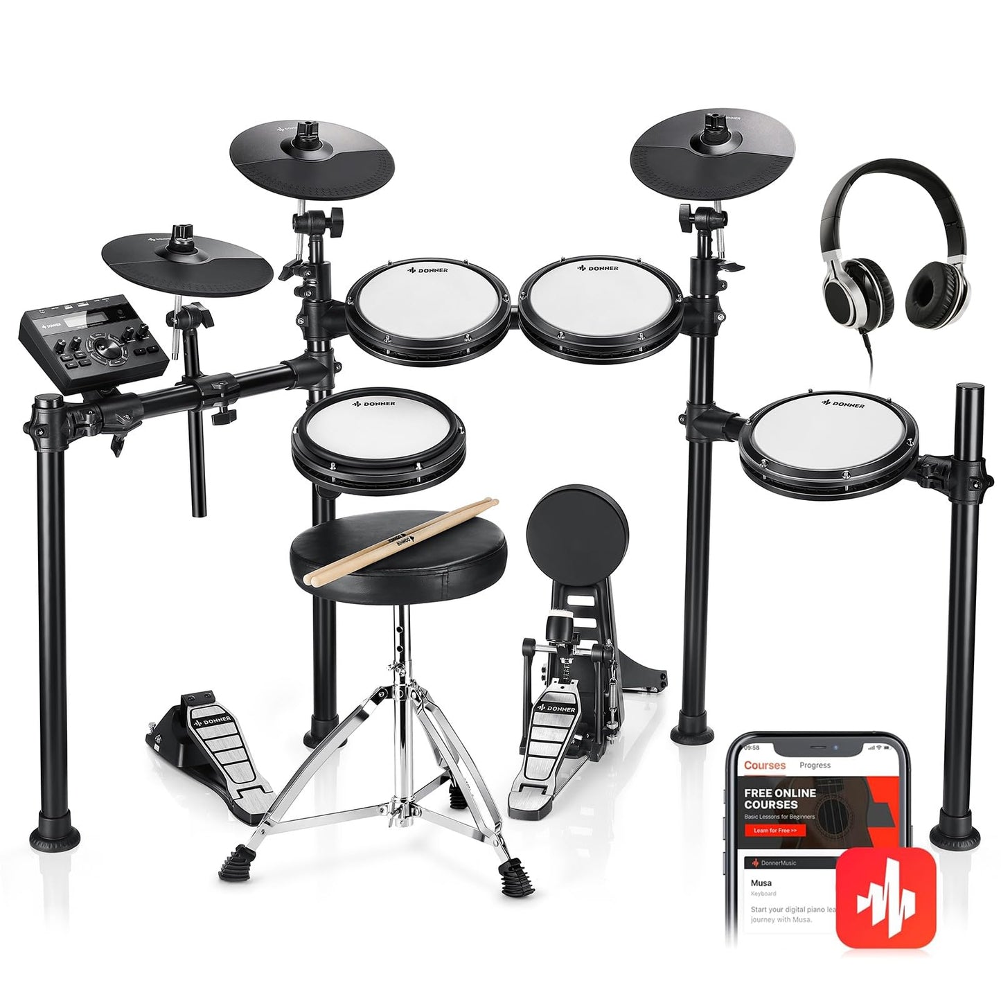 Donner DED-200 - Batería electrónica con pads de tambor de malla silenciosos, 2 platillos con función de choque, 31 kits y más de 450 sonidos, banqueta, auriculares, baquetas, USB MIDI, lecciones