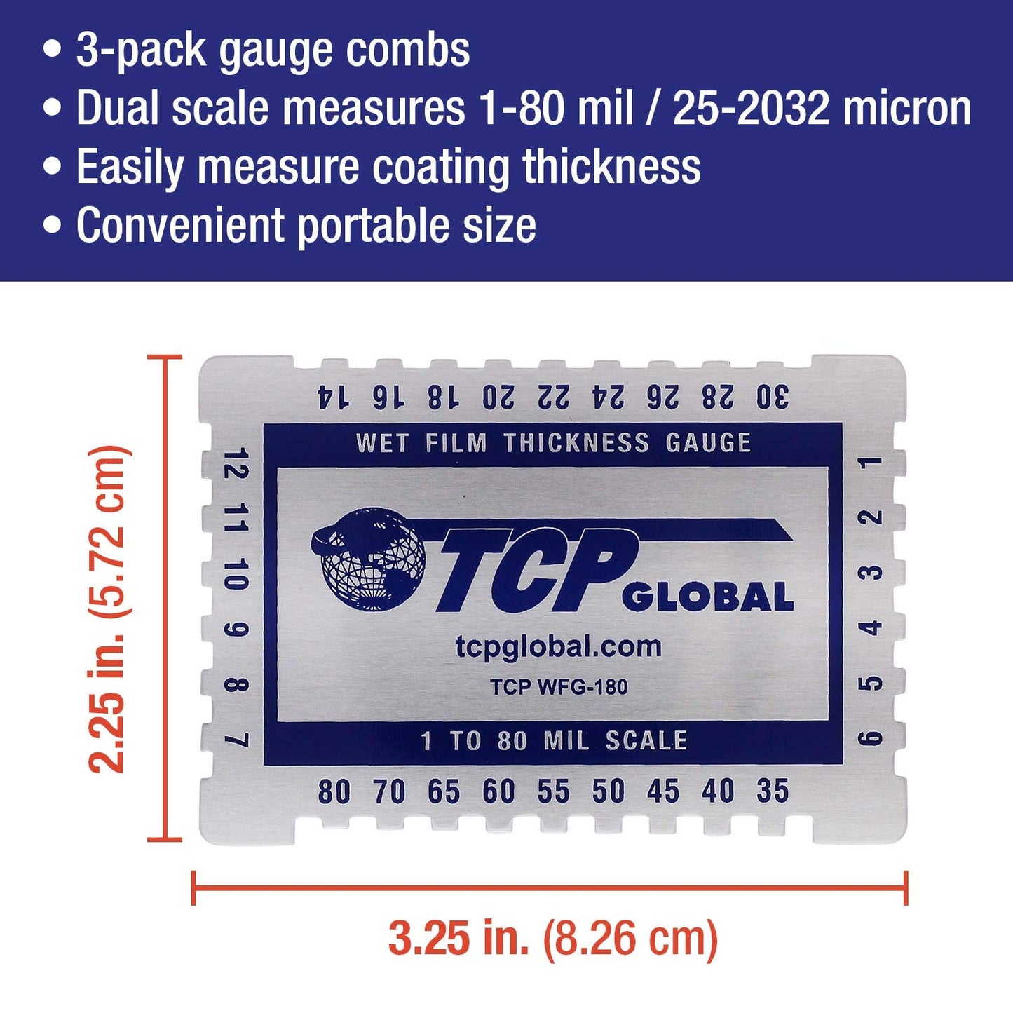 Peine Medidor de Espesor de Película Húmeda TCP Global Transparente con Escalón y Muescas (Paquete de 3)