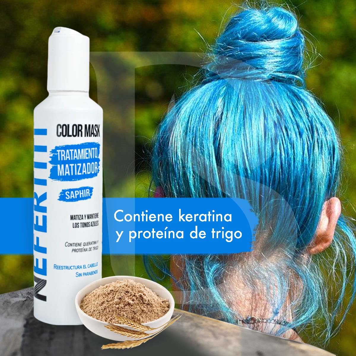 Tratamiento Matizador Nefertiti Saphir Azul con Keratina y Proteína de Trigo para el Cabello