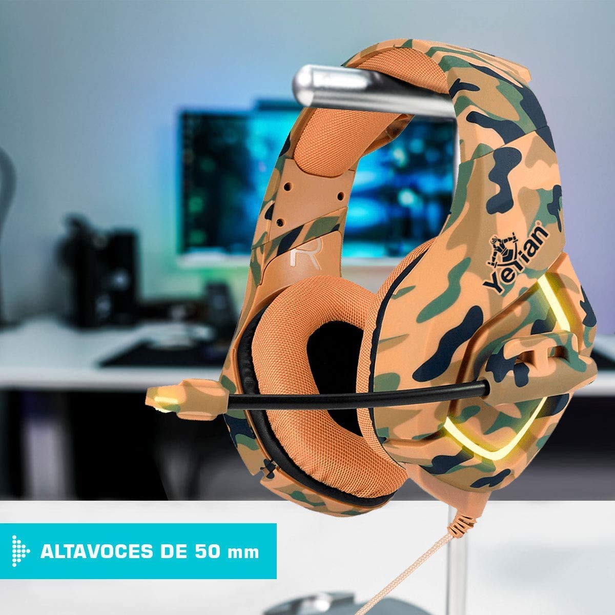 Diadema Gaming YEYIAN Café Camuflaje Desierto con Luz LED y Micrófono Alambrico