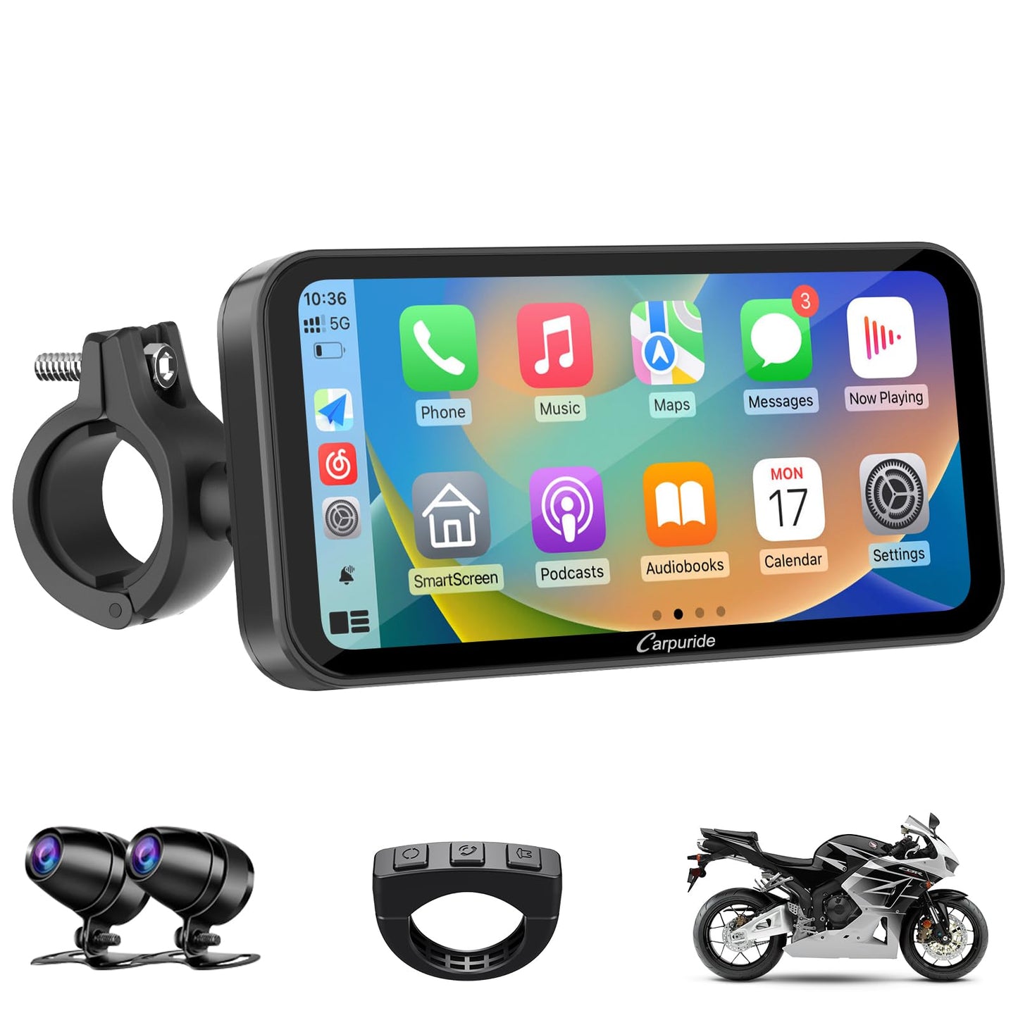 Carpuride W603D - visualización GPS Carplay para motocicleta, inalámbrica CarPlay y Android Auto para Moto, con cámaras duales HD 1080P, control remoto, visualización táctil impermeable de 6.3