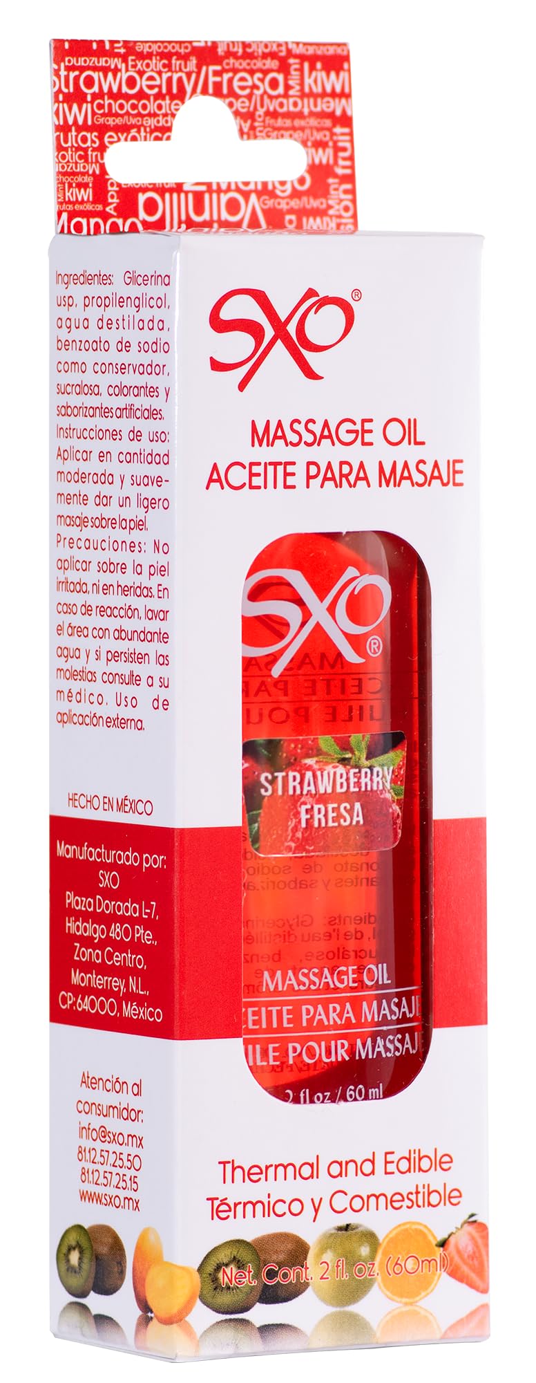Aceite para Masaje SXO Fresa Térmico y Comestible 60 ml