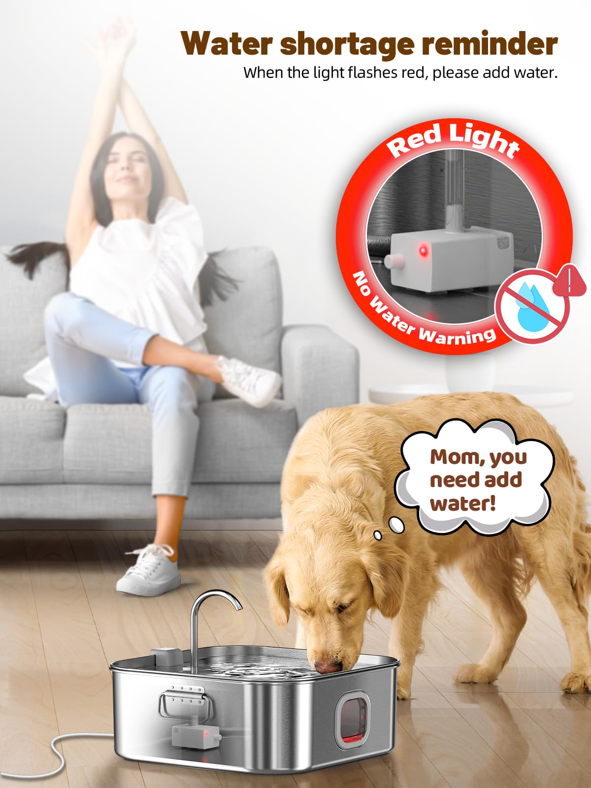 Fuente de agua para perros de acero inoxidable, 440 oz/3.2Gal/12L Fuente de agua grande para mascotas para perros grandes, dispensador de tazón de agua para perros con ventana de nivel de agua e