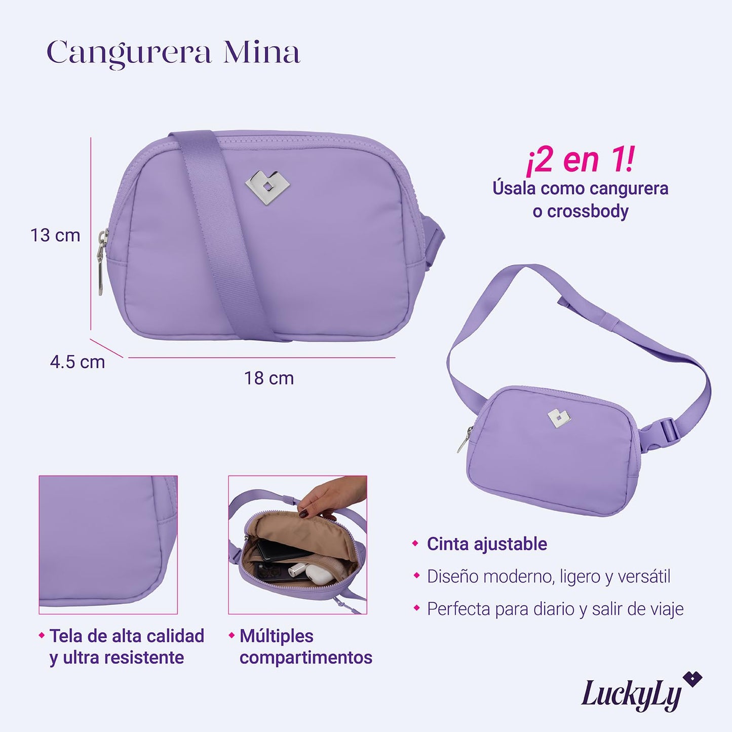 LuckyLy Cangurera para Mujer Deportiva y de Viaje, Bolsa Crossbody y Bandolera tipo Riñonera, Ligera, Repelente al Agua y con Múltiples Compartimentos, Regalos para Mujer y Mamá – Modelo Mina, Lila