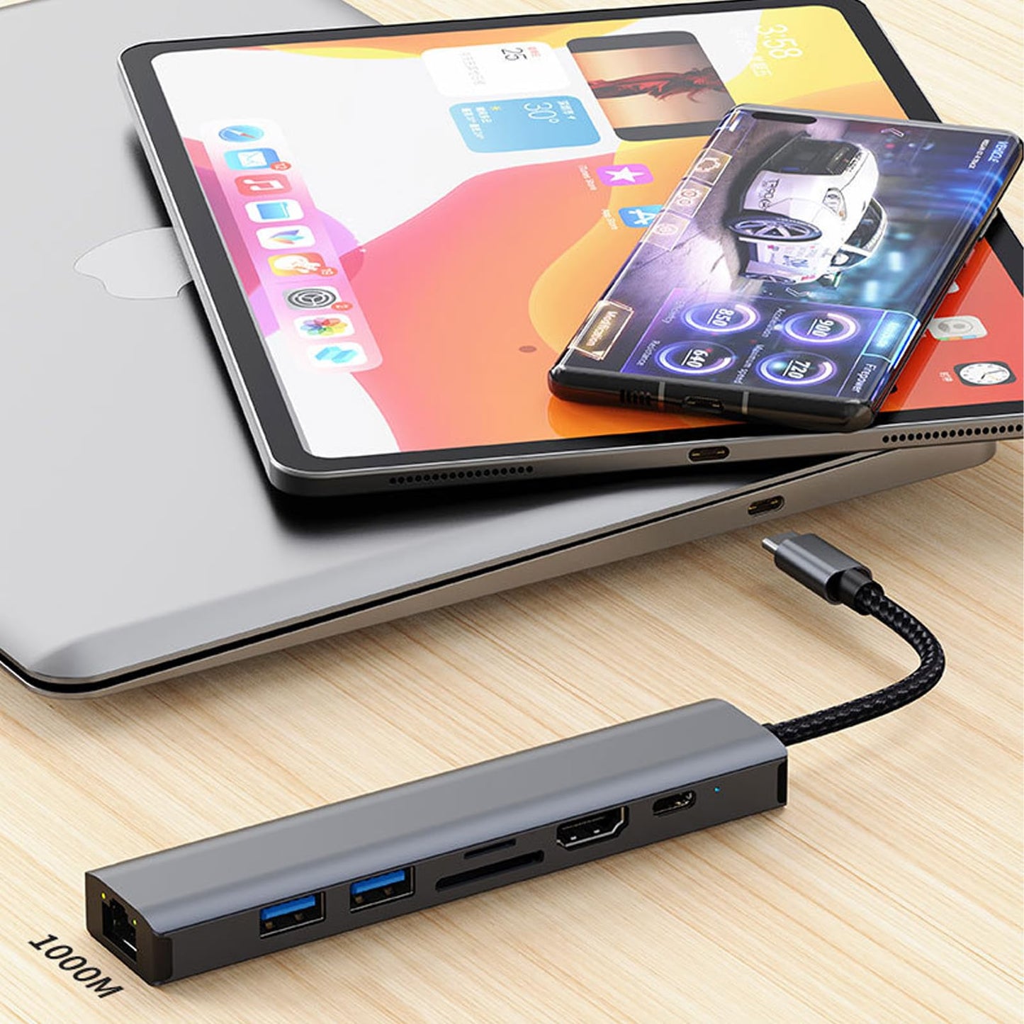 Adaptador USB C WULAR 7 en 1 HDMI 4K Gigabit Ethernet Carga 100W para MacBook, iPad, DELL, Switch y Steam Deck