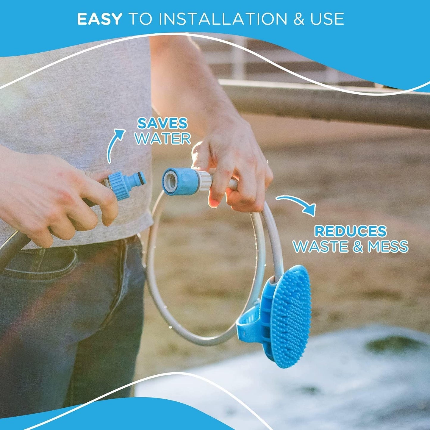 Aquapaw 5 en 1 Herramienta de baño de caballos y peine de curry para lavar, rociar, fregar, masajear y arreglar | Incluye manguera de jardín de 3 pies y adaptador | 1 tamaño para todos, ideal para caballos, ganado y perros grandes