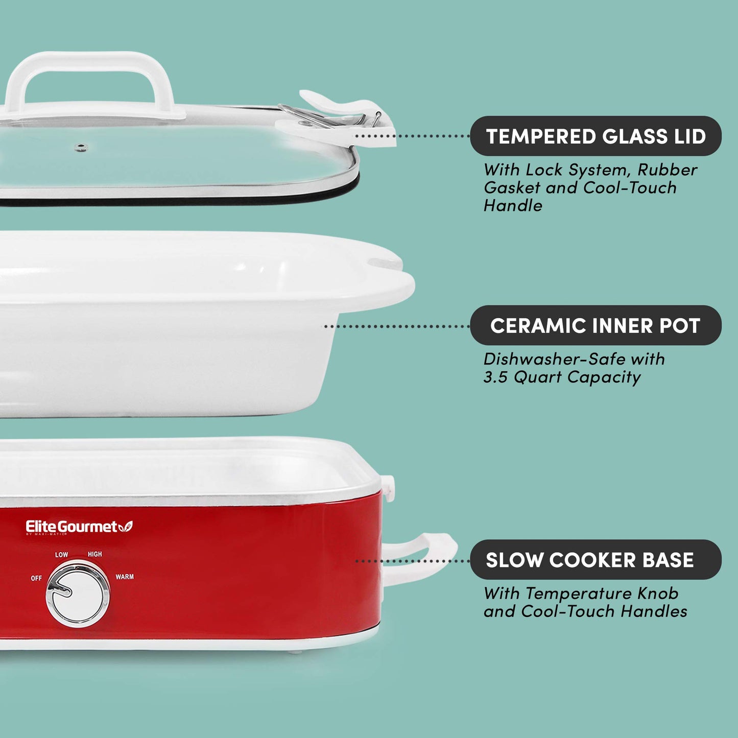 Elite Gourmet MST-5240 Slow Cooker, Locking, Adjustable Temp, Keep Warm Dishwasher-Safe Glass Lid & Casserole Dish, 3.5QtCapacity, 3.5Qt Capacity, Red